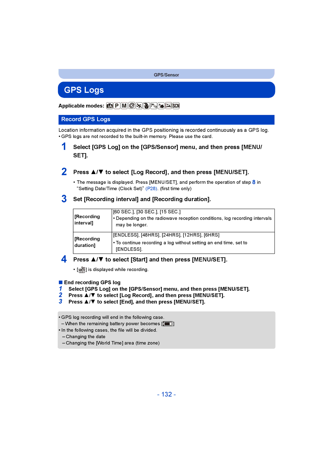 Panasonic DMC-FT5/DMC-TS5 operating instructions 132, Record GPS Logs, Set Recording interval and Recording duration 