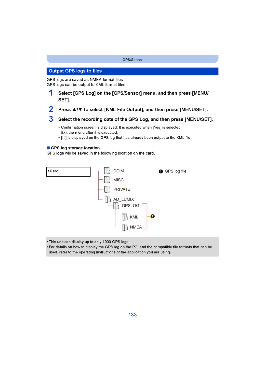 Panasonic DMC-FT5/DMC-TS5 operating instructions 133, Output GPS logs to files, GPS log storage location, Card 