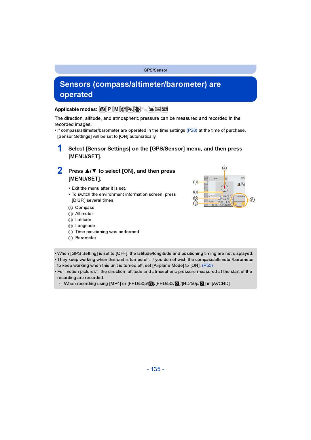 Panasonic DMC-FT5/DMC-TS5 operating instructions Sensors compass/altimeter/barometer are operated, 135 