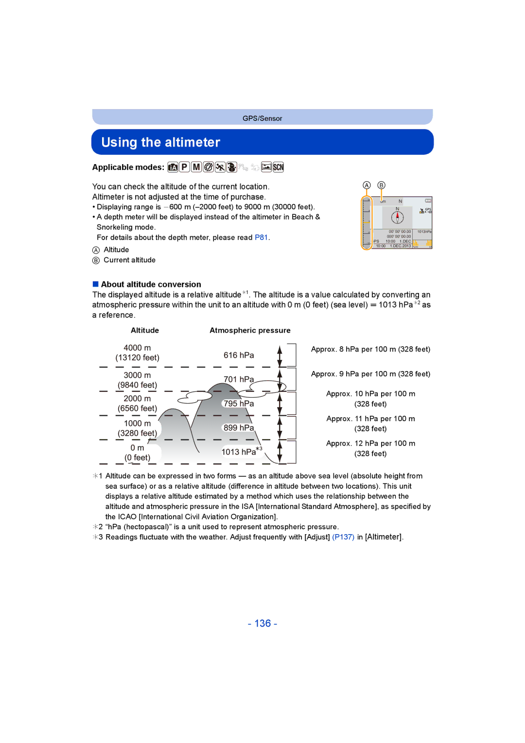 Panasonic DMC-FT5/DMC-TS5 operating instructions Using the altimeter, 136, About altitude conversion, Altitude 