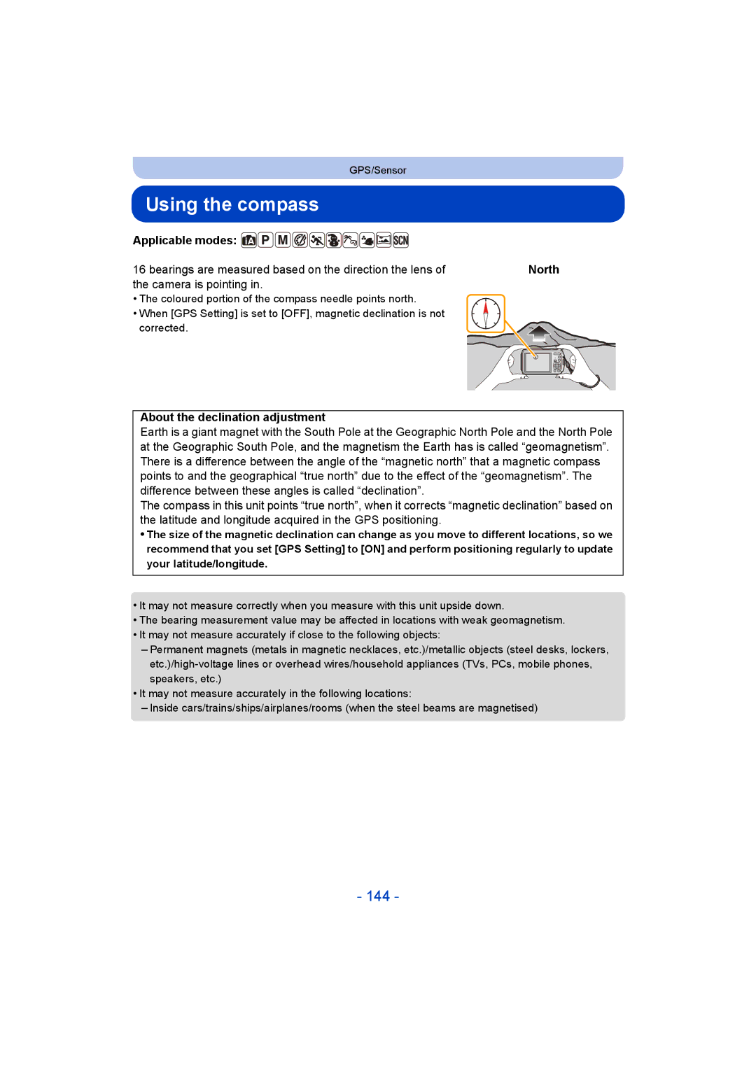 Panasonic DMC-FT5/DMC-TS5 Using the compass, 144, Bearings are measured based on the direction the lens 