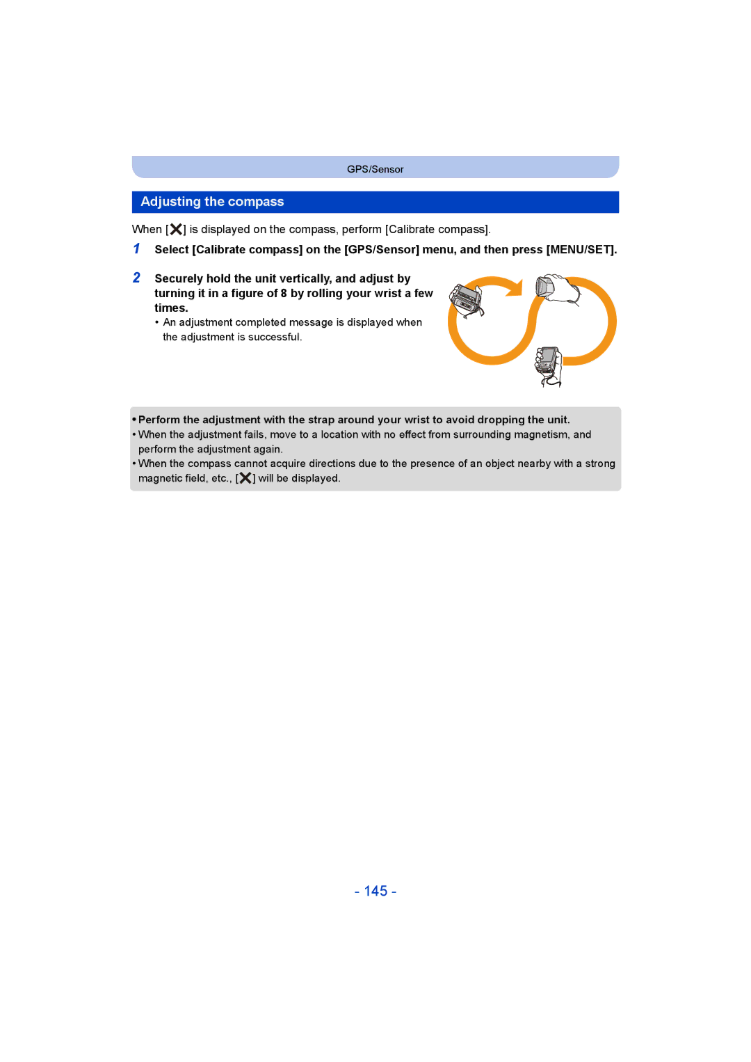 Panasonic DMC-FT5/DMC-TS5 145, Adjusting the compass, When is displayed on the compass, perform Calibrate compass 