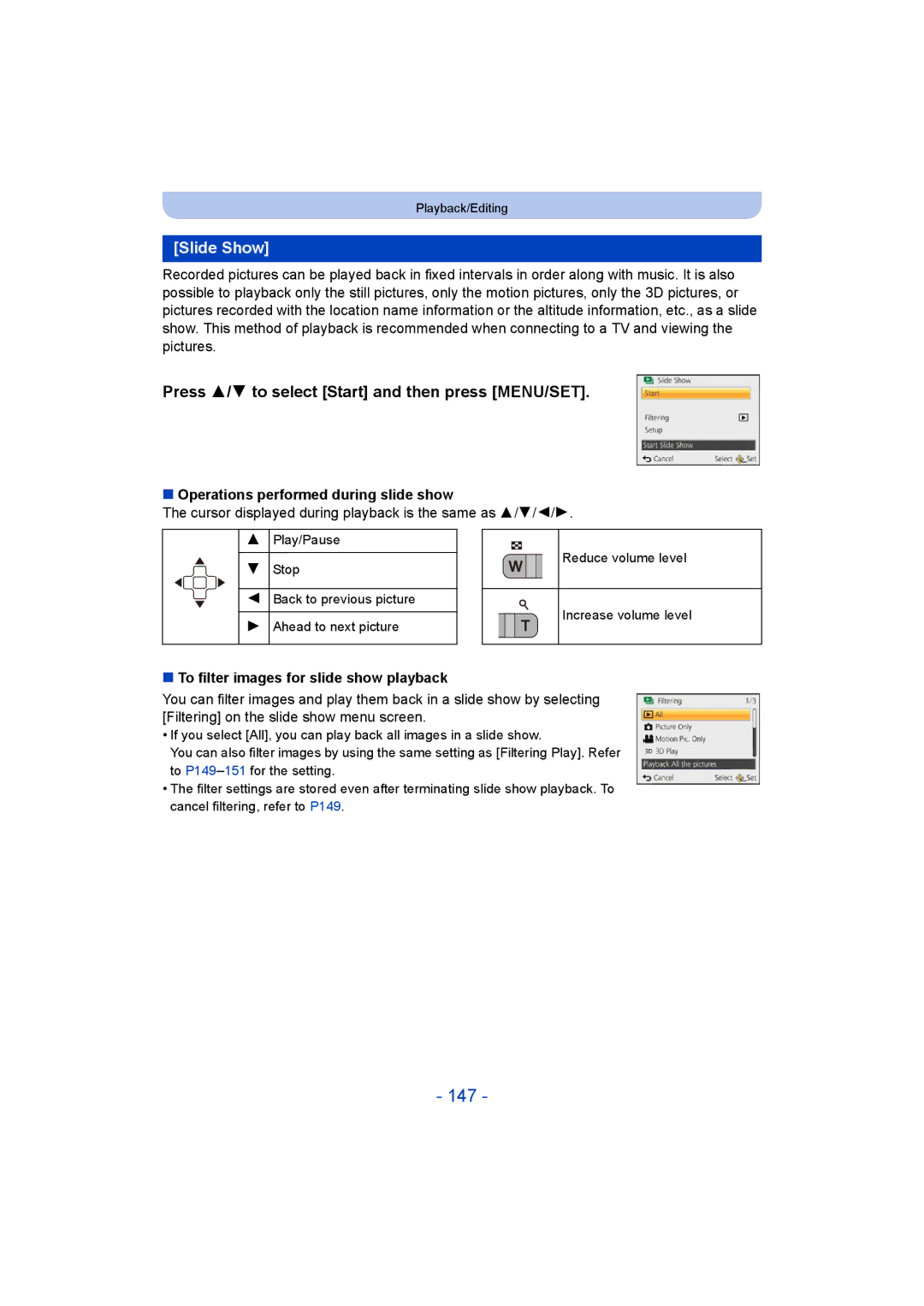 Panasonic DMC-FT5/DMC-TS5 operating instructions 147, Slide Show, Operations performed during slide show 