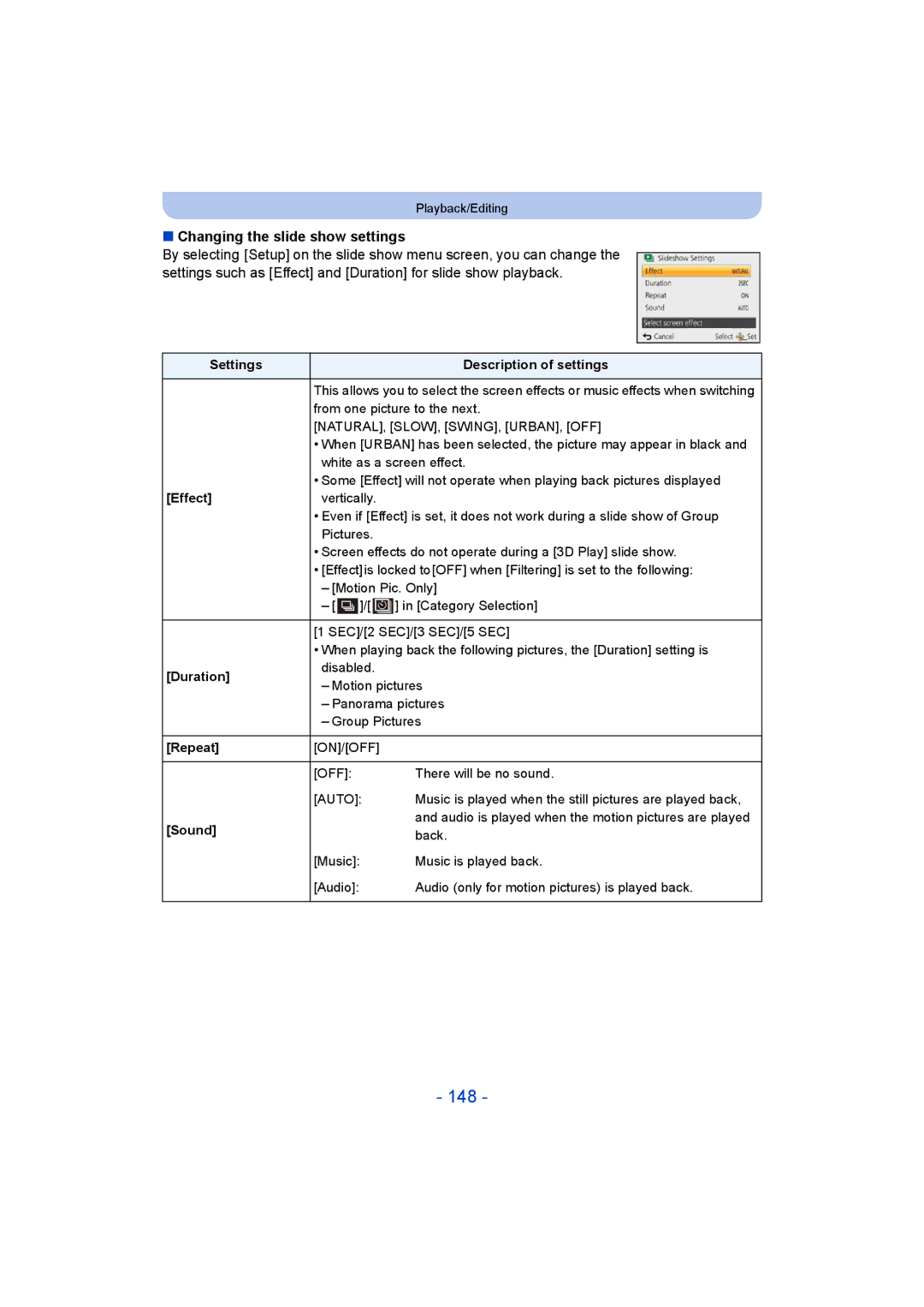 Panasonic DMC-FT5/DMC-TS5 operating instructions 148, Changing the slide show settings, Effect, Repeat 