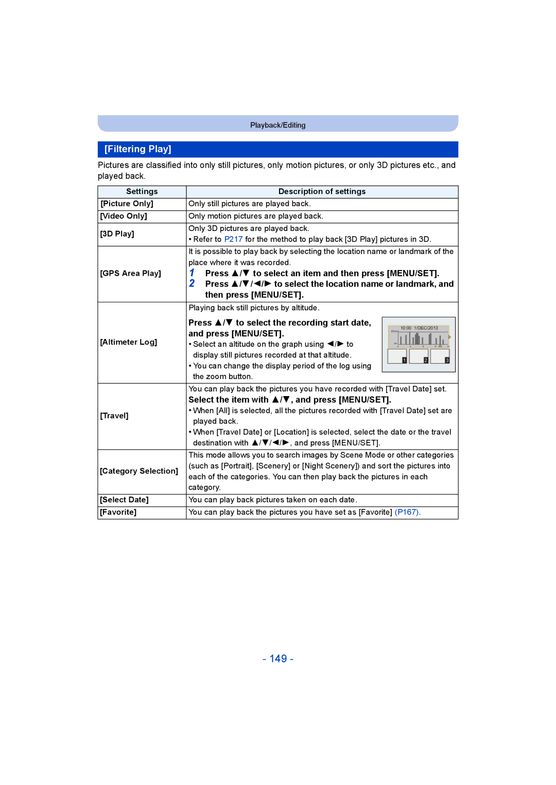 Panasonic DMC-FT5/DMC-TS5 operating instructions 149, Filtering Play, Press 3/4 to select an item and then press MENU/SET 