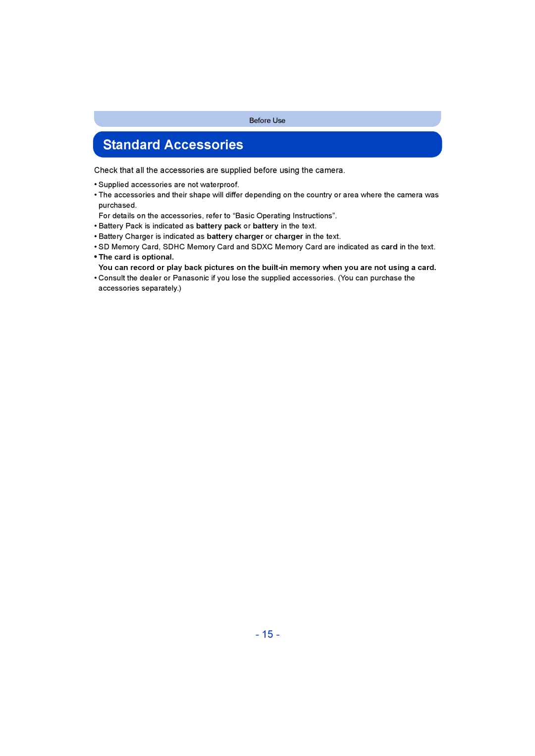 Panasonic DMC-FT5/DMC-TS5 operating instructions Standard Accessories 