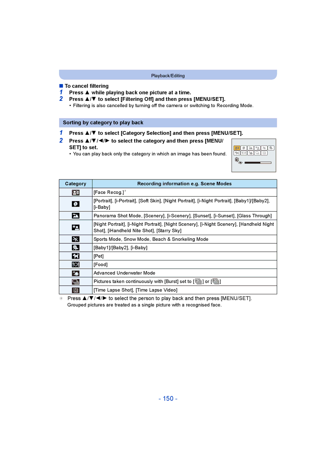 Panasonic DMC-FT5/DMC-TS5 operating instructions 150, Category Recording information e.g. Scene Modes 