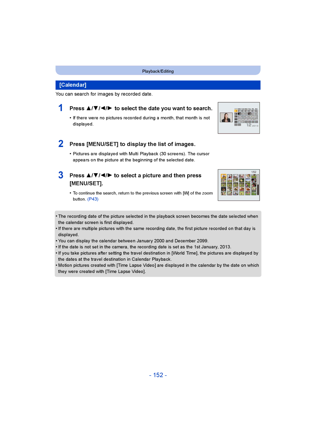 Panasonic DMC-FT5/DMC-TS5 operating instructions 152, Calendar, Press 3/4/2/1 to select the date you want to search 