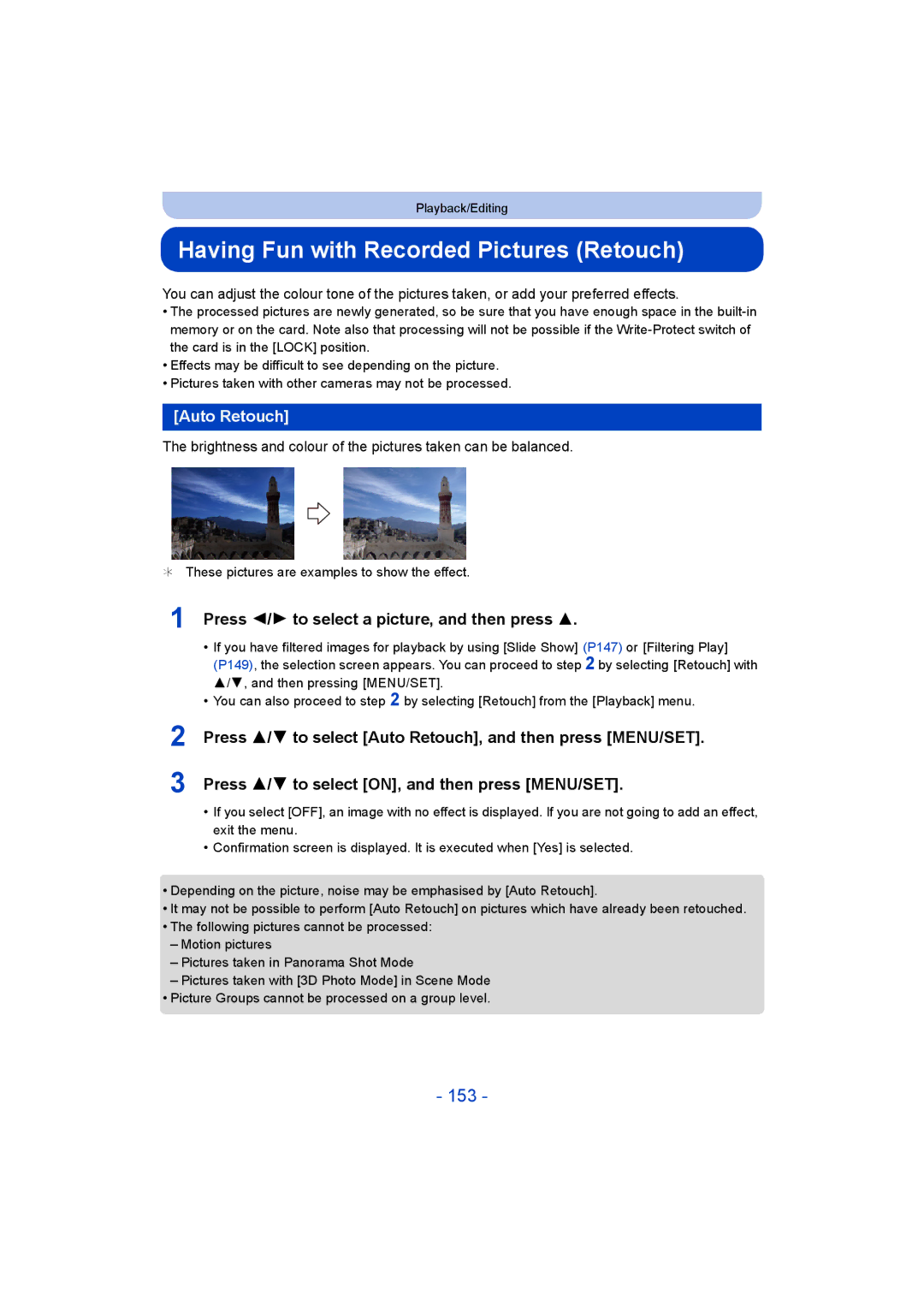 Panasonic DMC-FT5/DMC-TS5 operating instructions Having Fun with Recorded Pictures Retouch, 153, Auto Retouch 