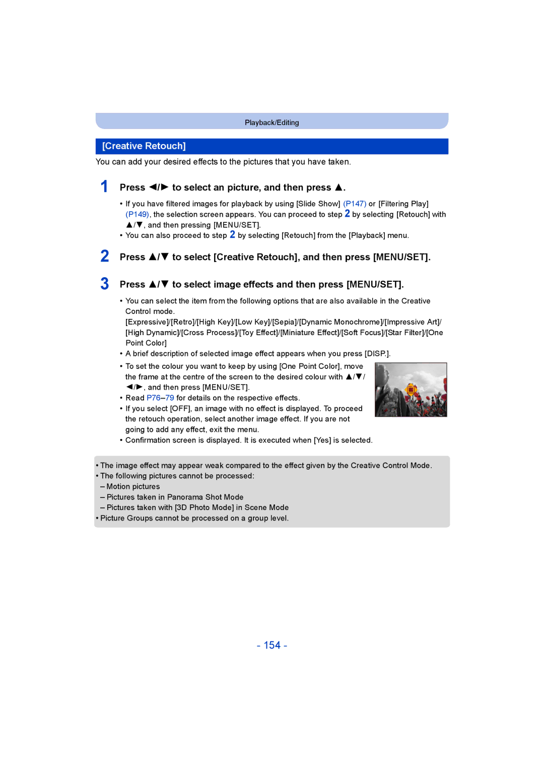 Panasonic DMC-FT5/DMC-TS5 operating instructions 154, Creative Retouch, Press 2/1 to select an picture, and then press 