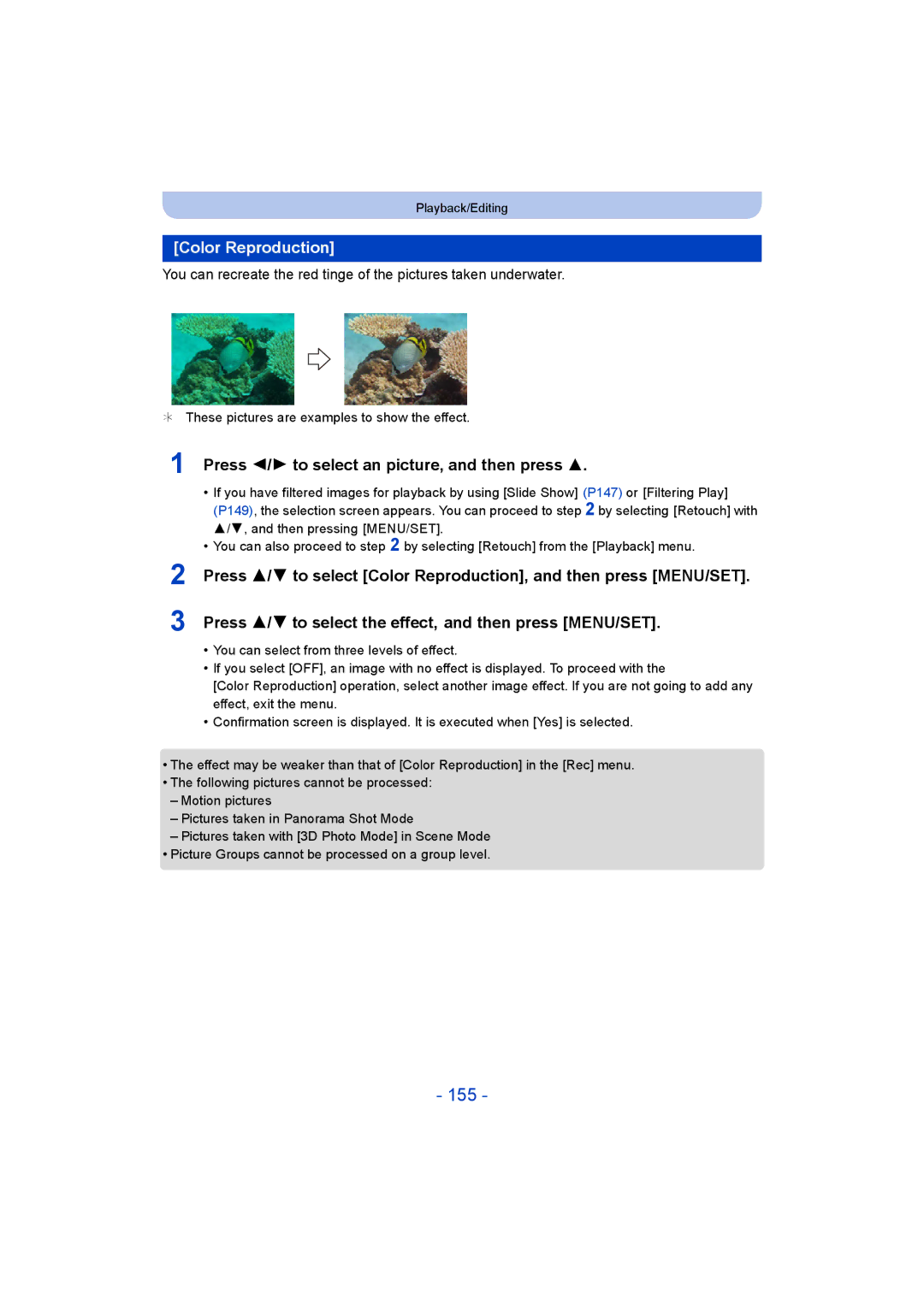 Panasonic DMC-FT5/DMC-TS5 operating instructions 155, Color Reproduction 