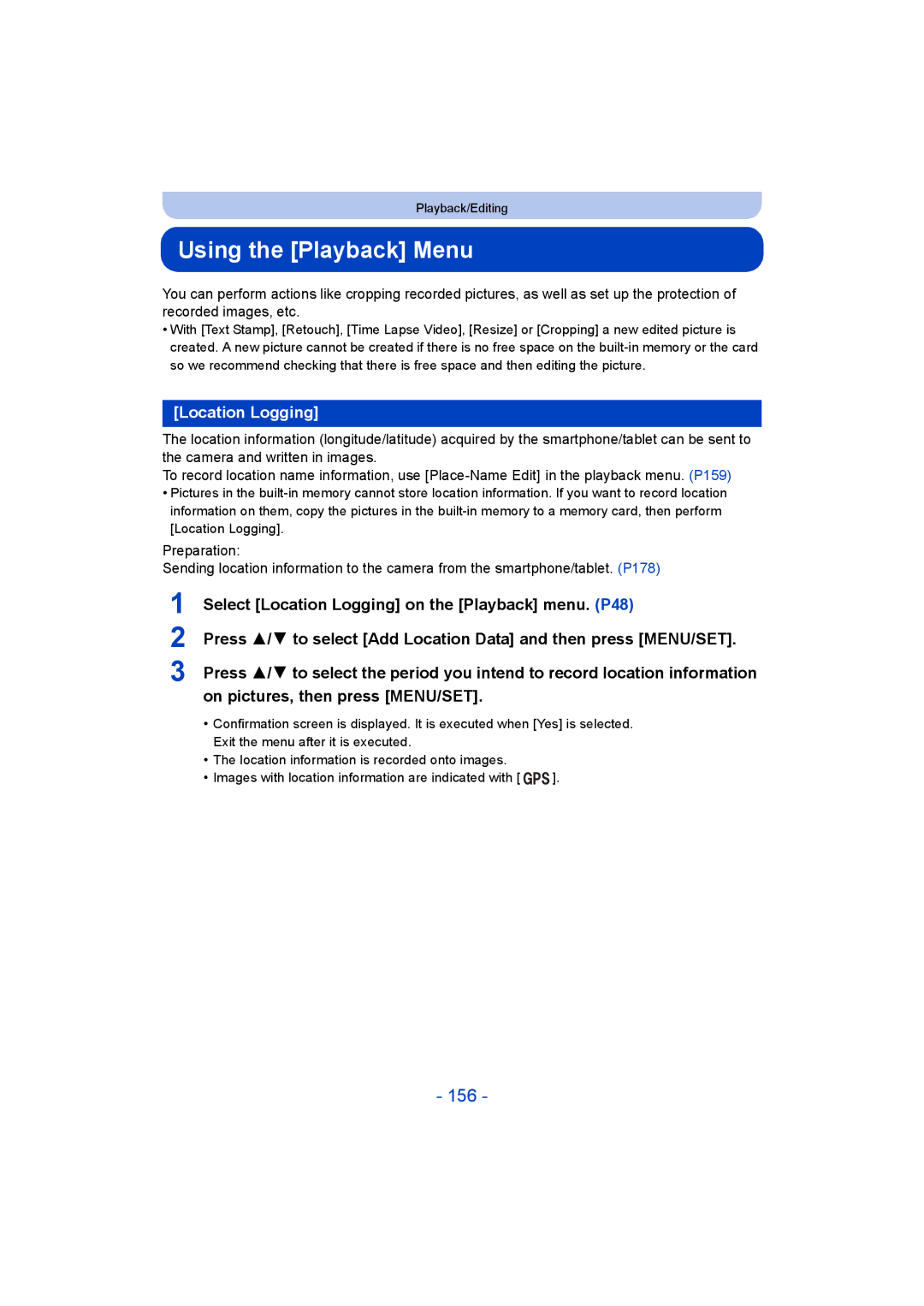 Panasonic DMC-FT5/DMC-TS5 operating instructions Using the Playback Menu, 156, Location Logging 