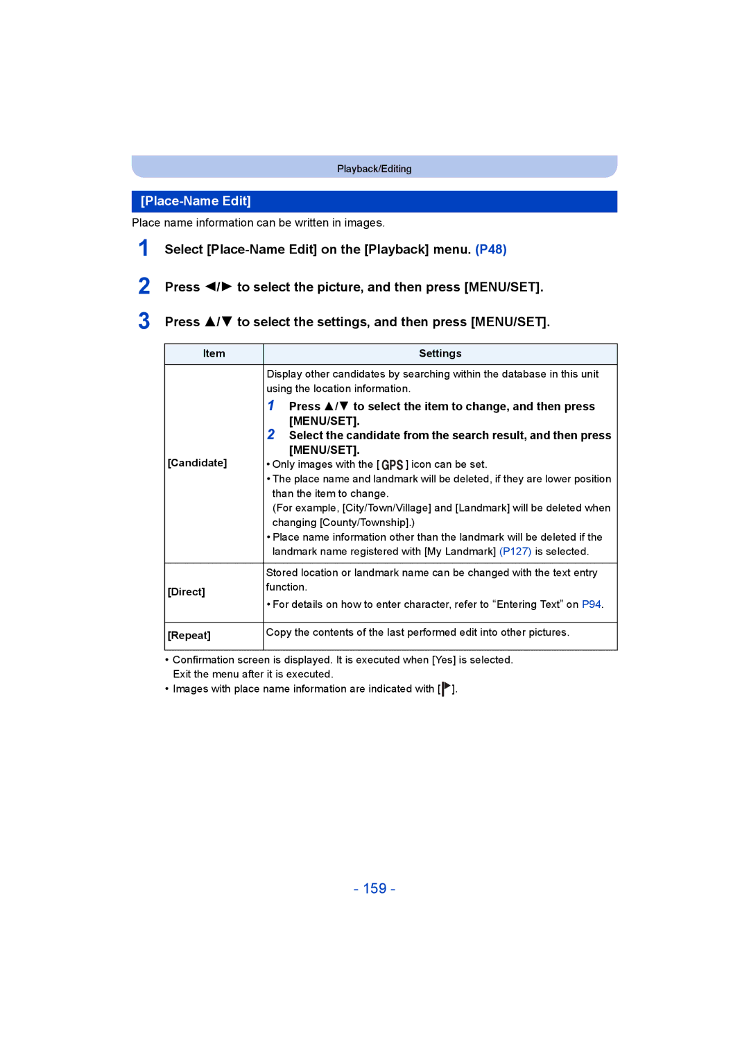 Panasonic DMC-FT5/DMC-TS5 operating instructions 159, Select Place-Name Edit on the Playback menu. P48 