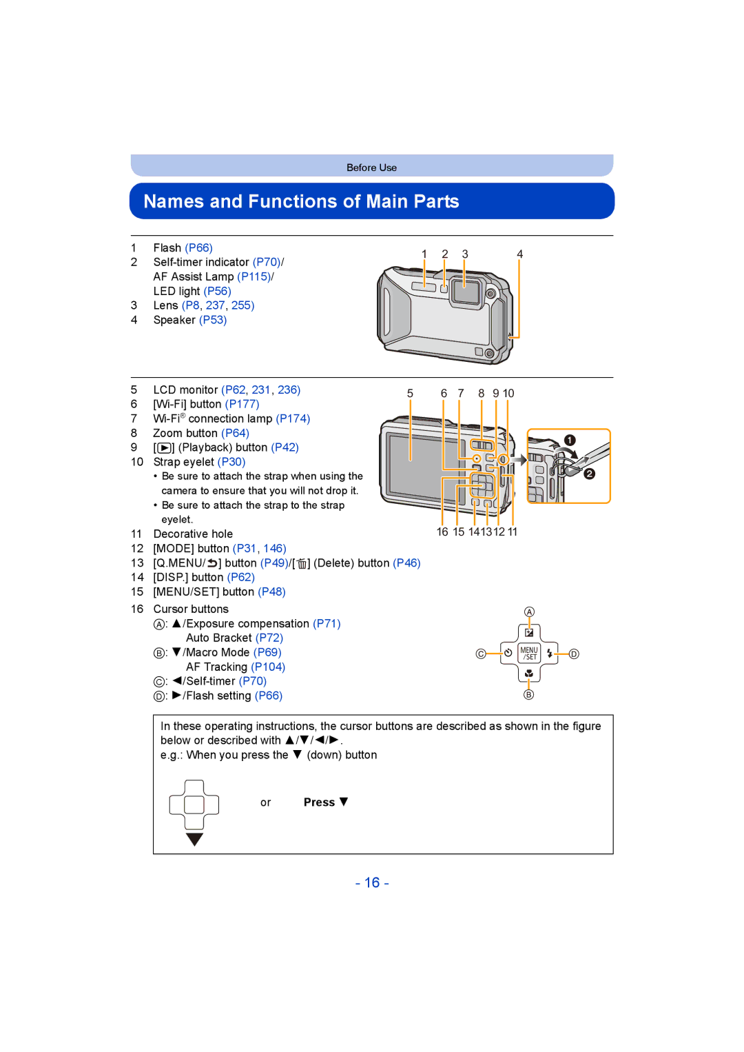 Panasonic DMC-FT5/DMC-TS5 operating instructions Names and Functions of Main Parts, Or Press 