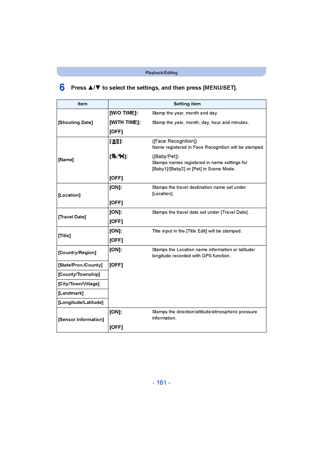 Panasonic DMC-FT5/DMC-TS5 operating instructions 161, Face Recognition, Baby/Pet 