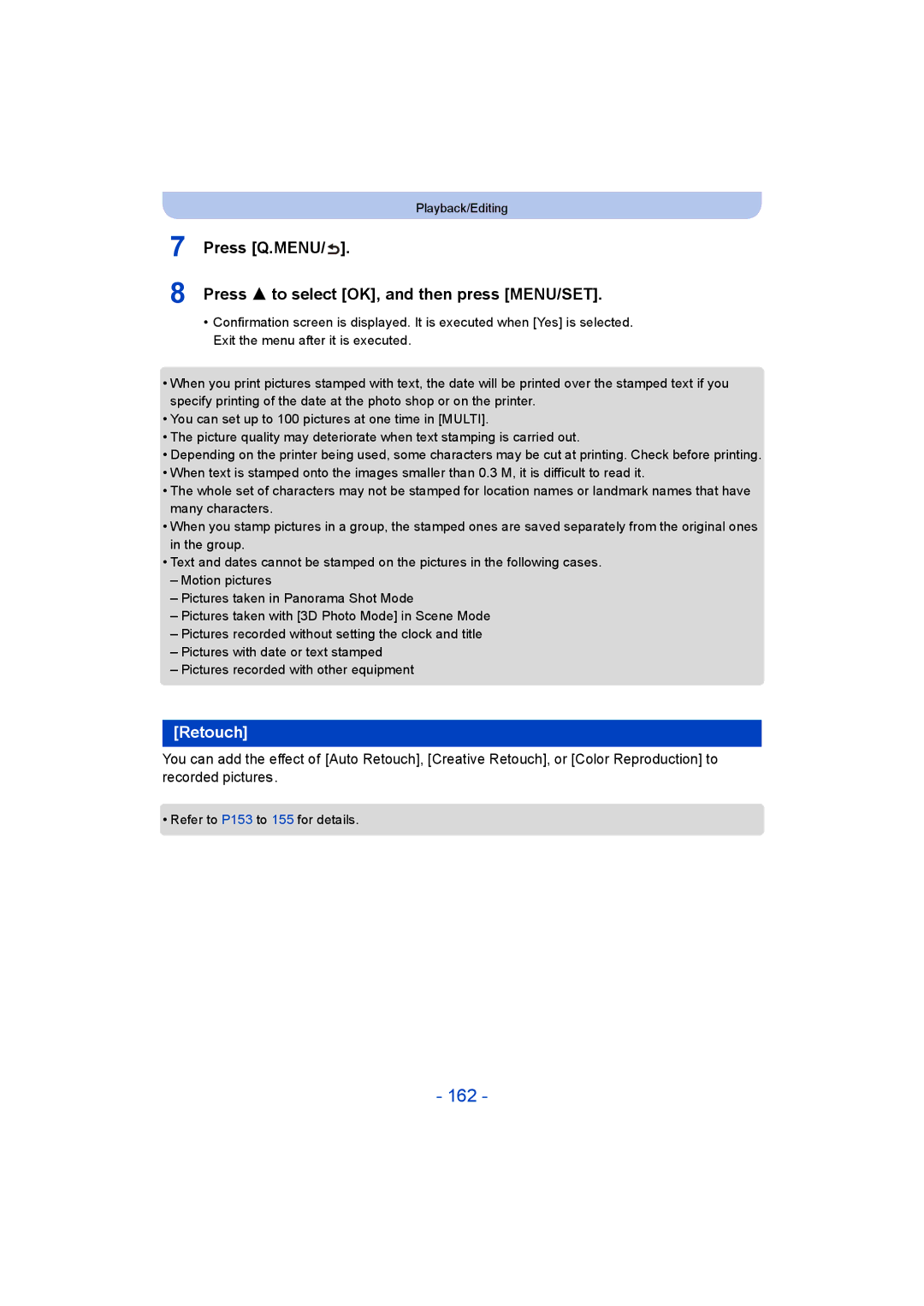 Panasonic DMC-FT5/DMC-TS5 operating instructions 162, Press Q.MENU Press 3 to select OK, and then press MENU/SET, Retouch 