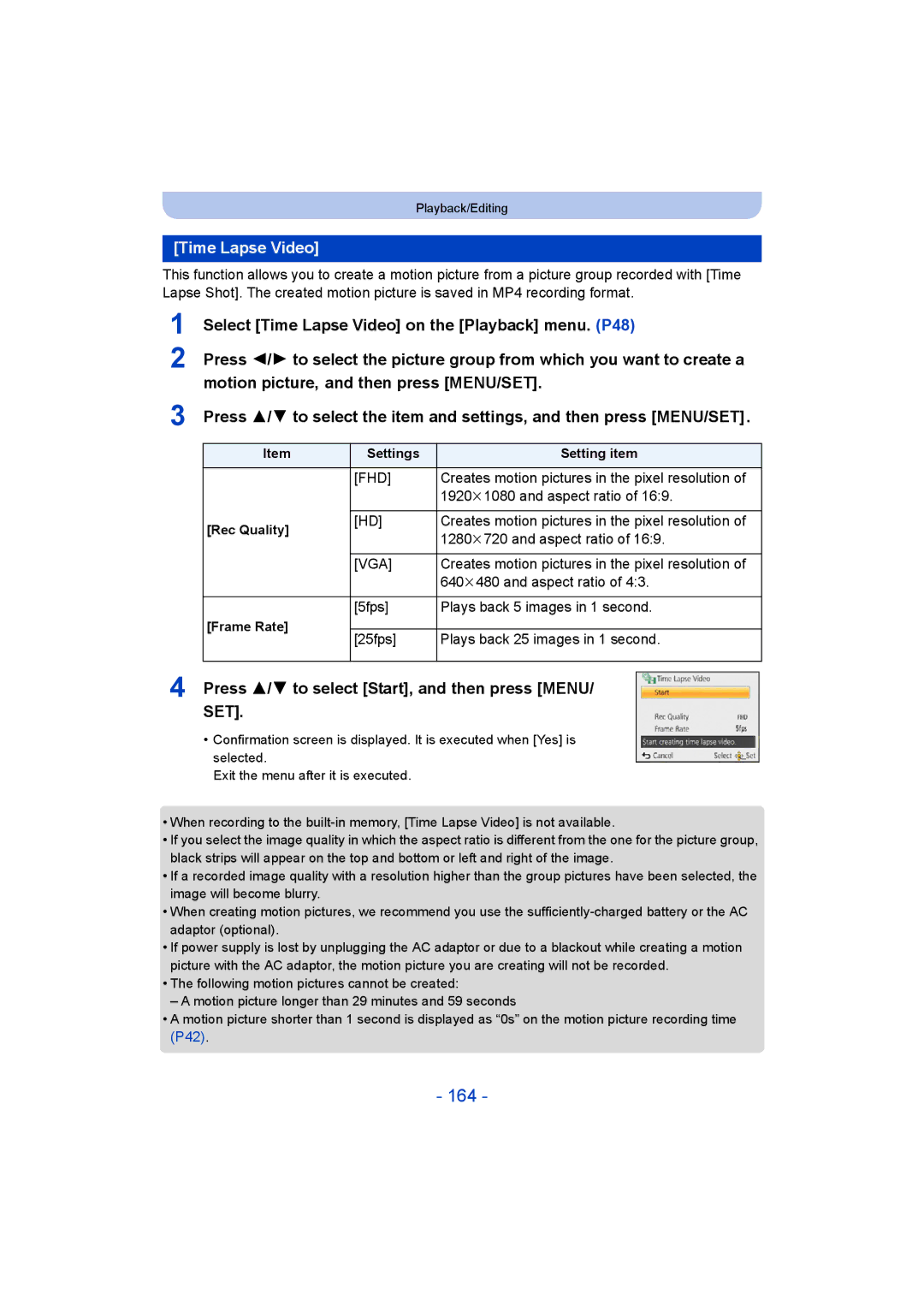 Panasonic DMC-FT5/DMC-TS5 operating instructions 164, Time Lapse Video, Press 3/4 to select Start, and then press MENU/ SET 