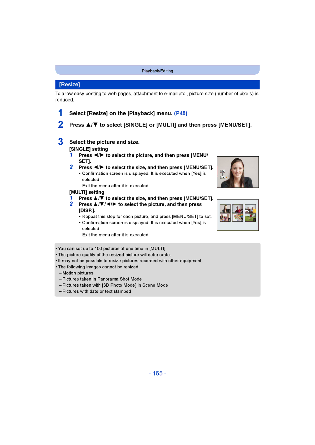 Panasonic DMC-FT5/DMC-TS5 operating instructions 165, Resize, Press 2/1 to select the size, and then press MENU/SET 