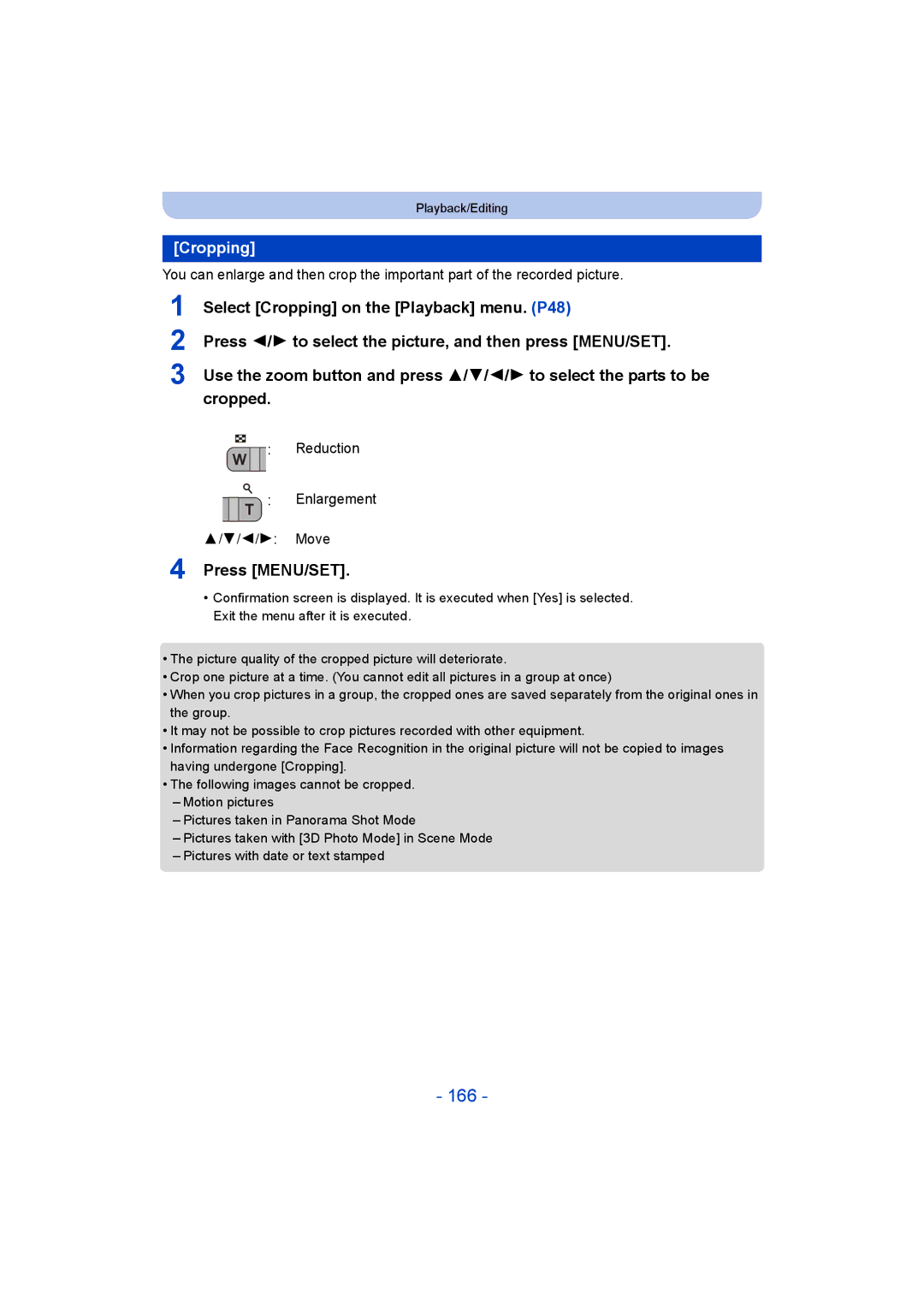 Panasonic DMC-FT5/DMC-TS5 operating instructions 166, Cropping, Reduction Enlargement 2/1 Move 