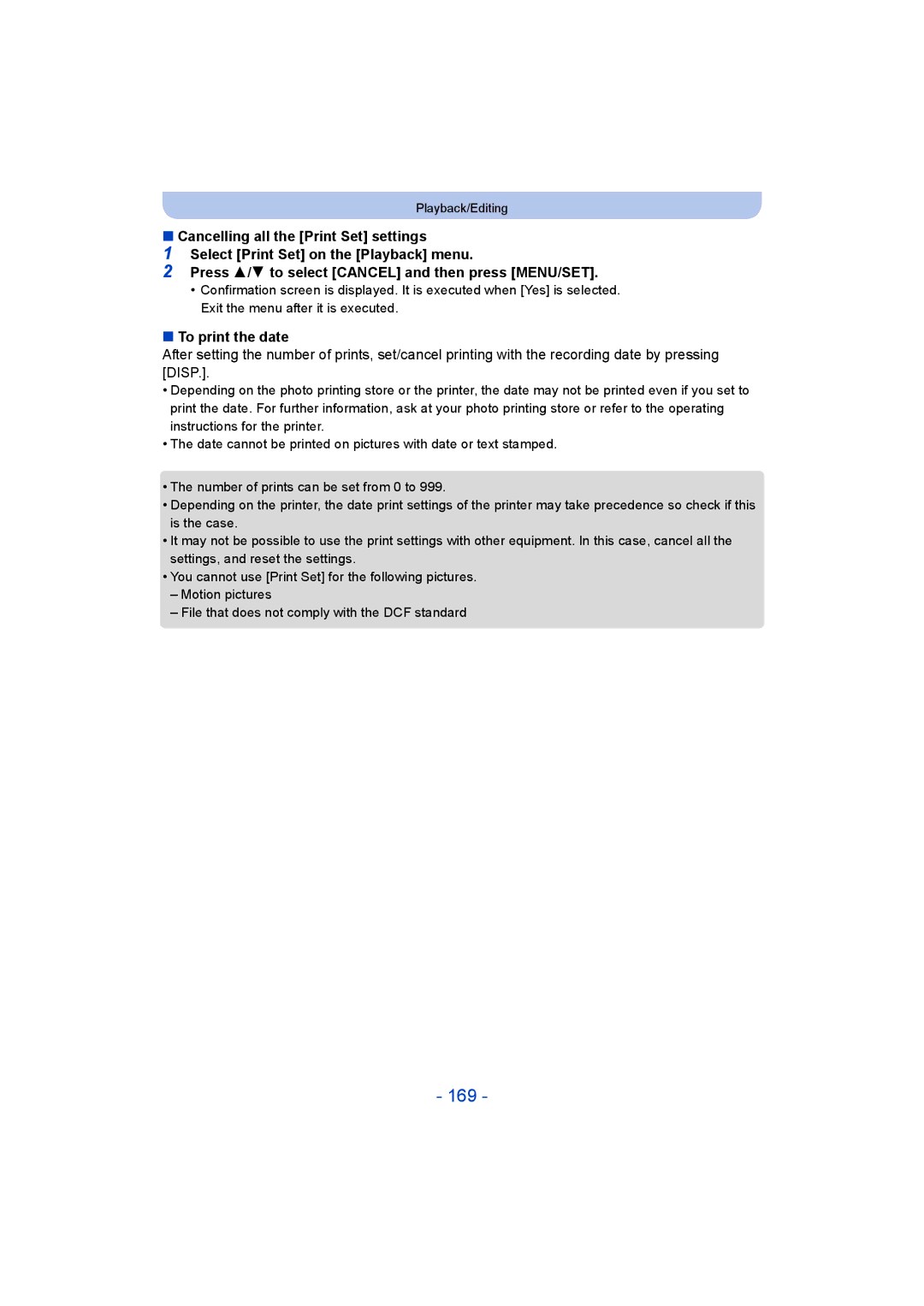 Panasonic DMC-FT5/DMC-TS5 operating instructions 169, To print the date 