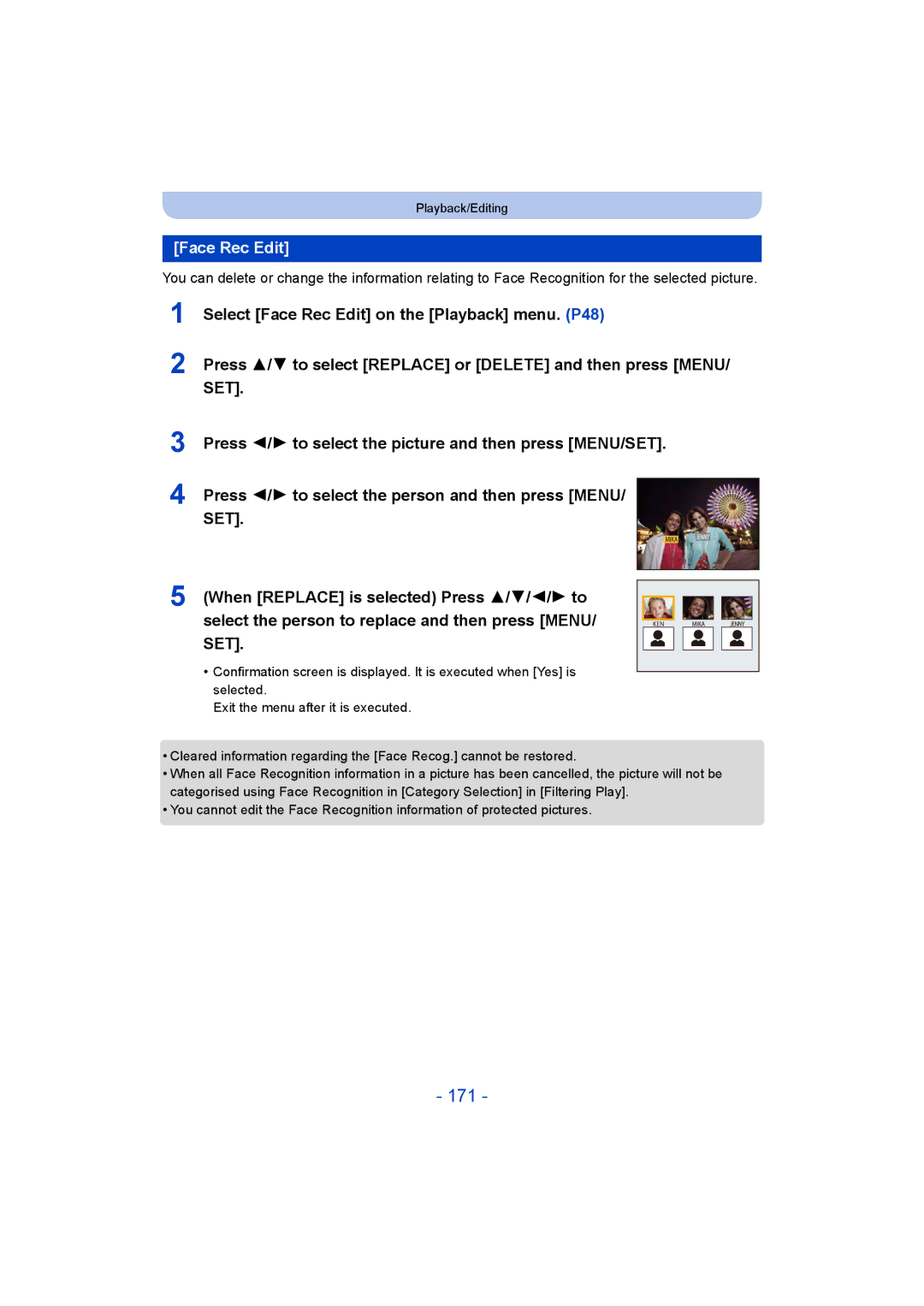 Panasonic DMC-FT5/DMC-TS5 operating instructions 171, Face Rec Edit 