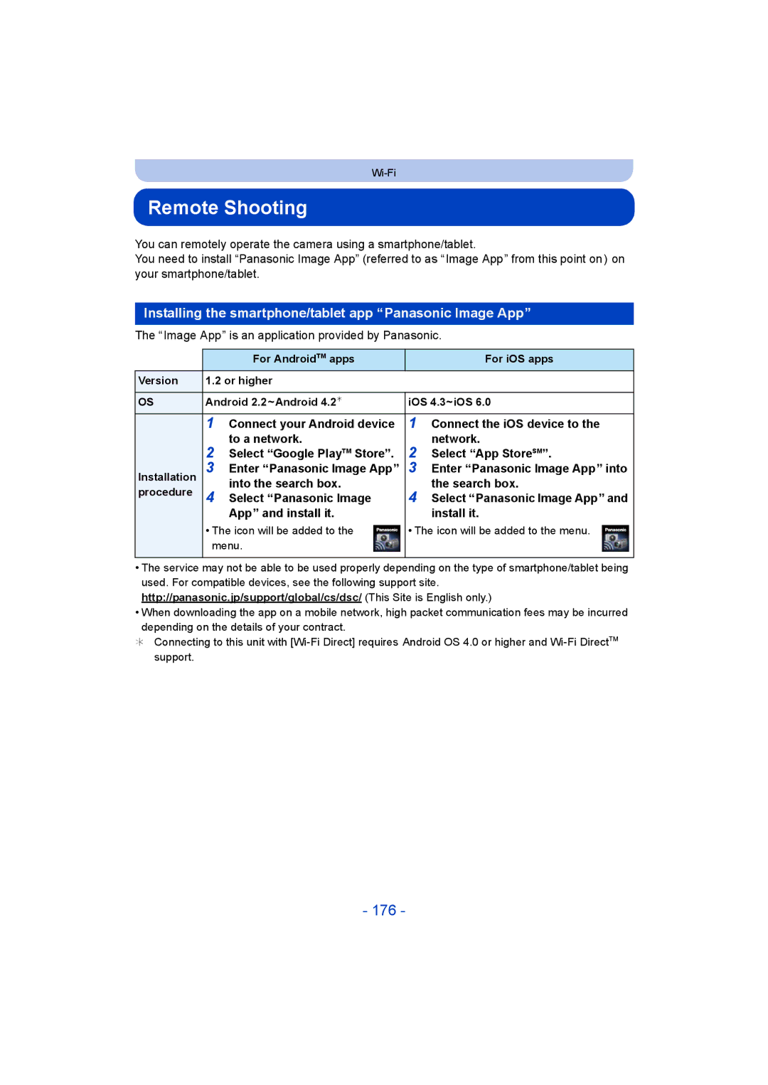 Panasonic DMC-FT5/DMC-TS5 Remote Shooting, 176, Installing the smartphone/tablet app Panasonic Image App 