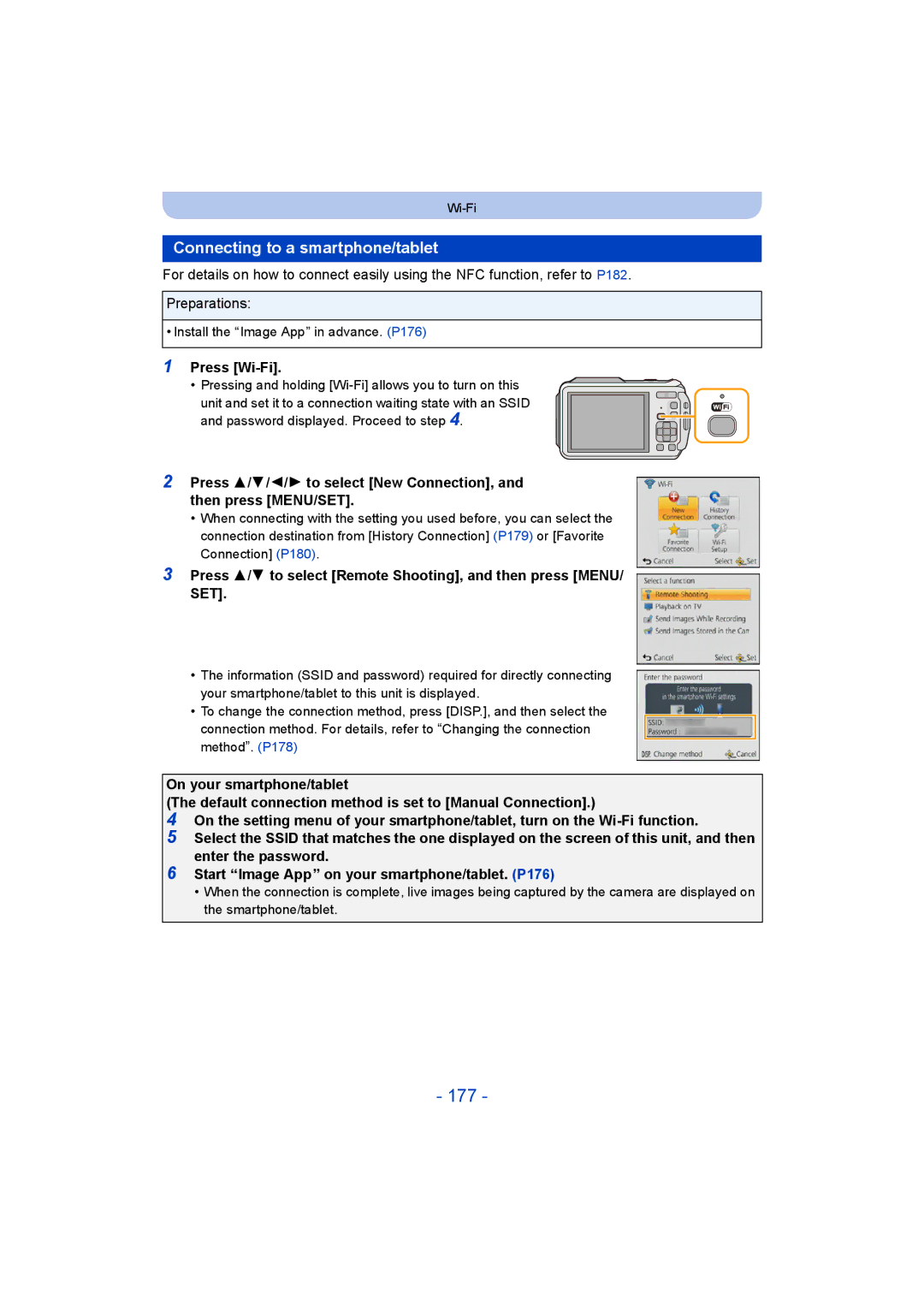 Panasonic DMC-FT5/DMC-TS5 operating instructions 177, Connecting to a smartphone/tablet, Press Wi-Fi 