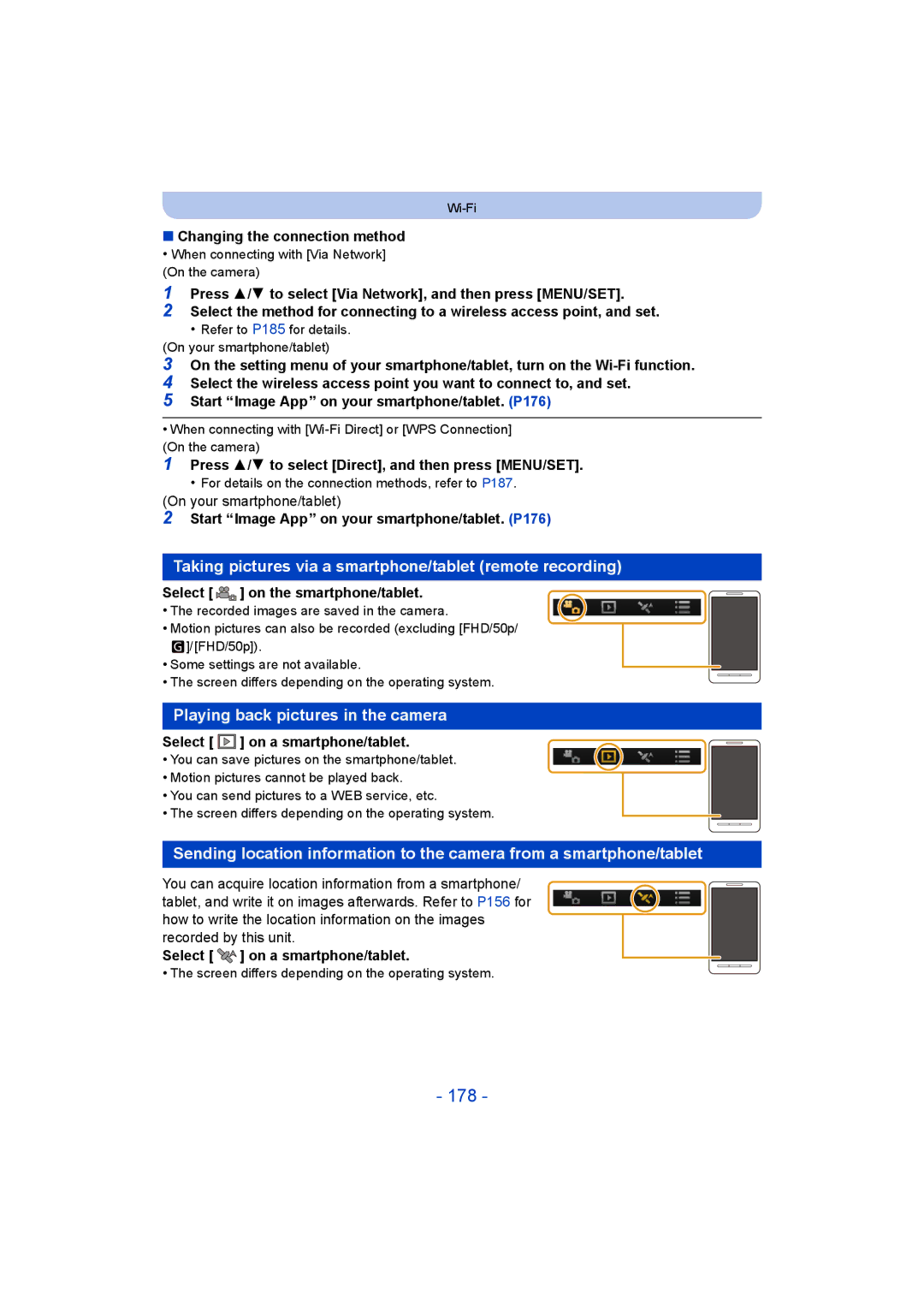 Panasonic DMC-FT5/DMC-TS5 operating instructions 178, Taking pictures via a smartphone/tablet remote recording 