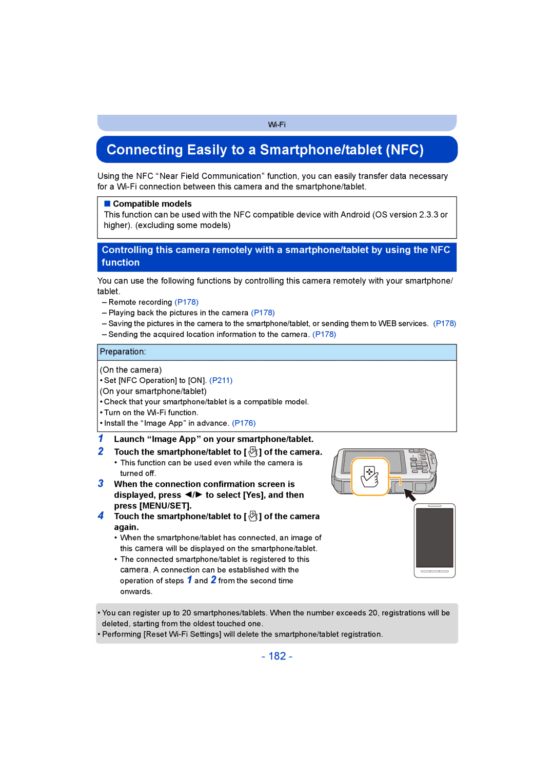 Panasonic DMC-FT5/DMC-TS5 Connecting Easily to a Smartphone/tablet NFC, 182, Compatible models, Preparation On the camera 