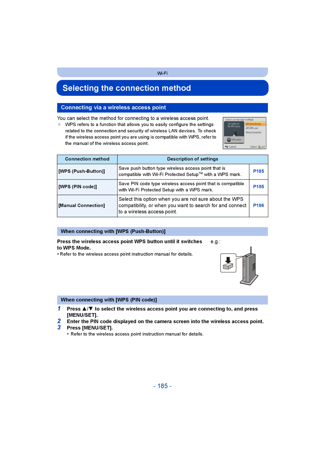 Panasonic DMC-FT5/DMC-TS5 Selecting the connection method, 185, Connecting via a wireless access point 