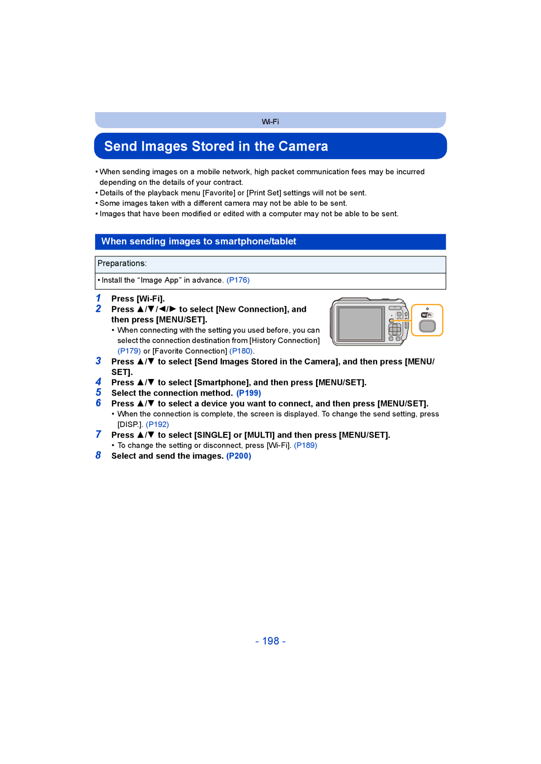 Panasonic DMC-FT5/DMC-TS5 operating instructions Send Images Stored in the Camera, 198, Select and send the images. P200 