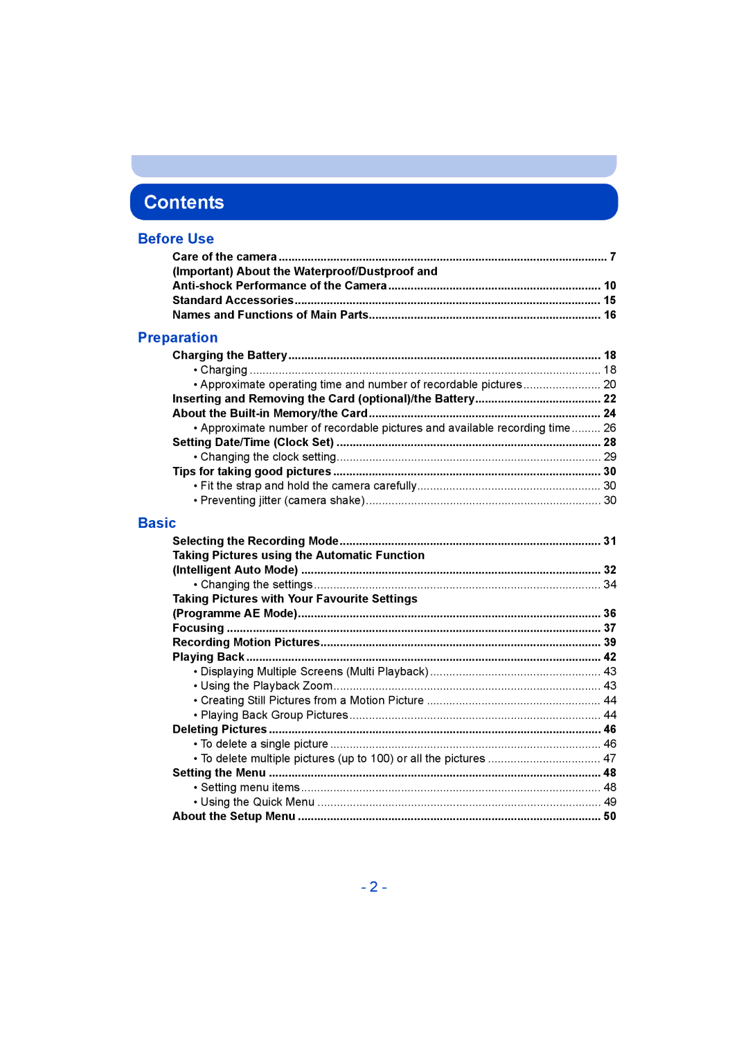 Panasonic DMC-FT5/DMC-TS5 operating instructions Contents 