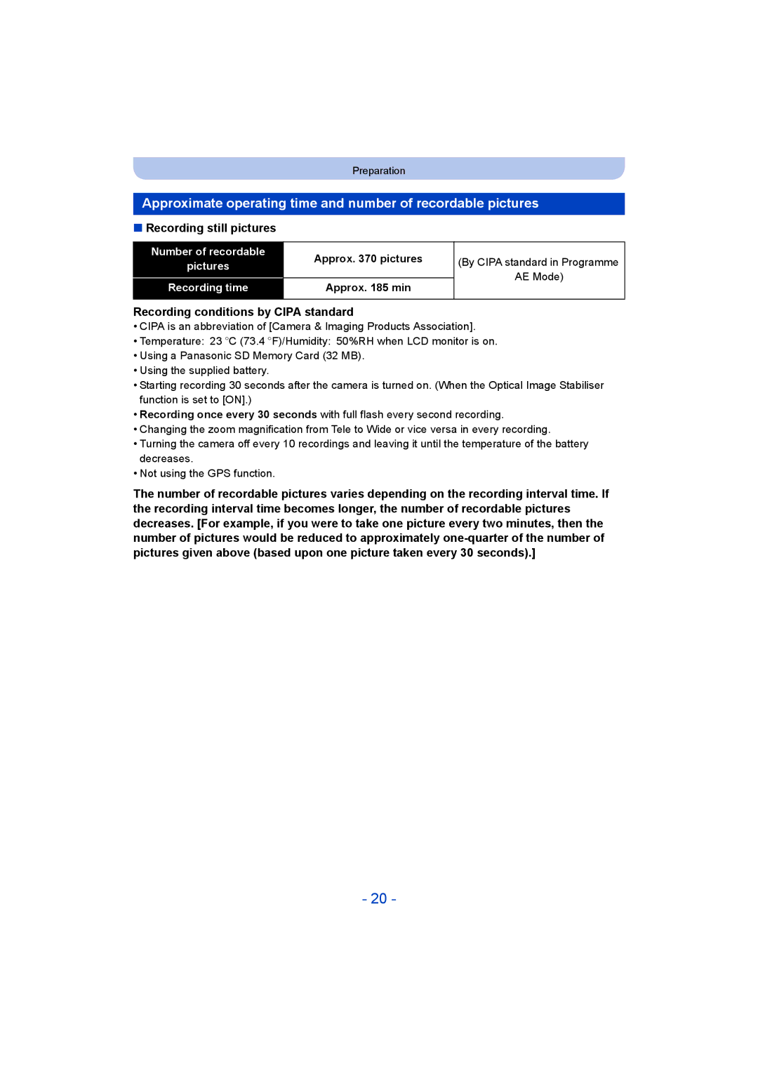 Panasonic DMC-FT5/DMC-TS5 operating instructions Recording still pictures, Recording conditions by Cipa standard 