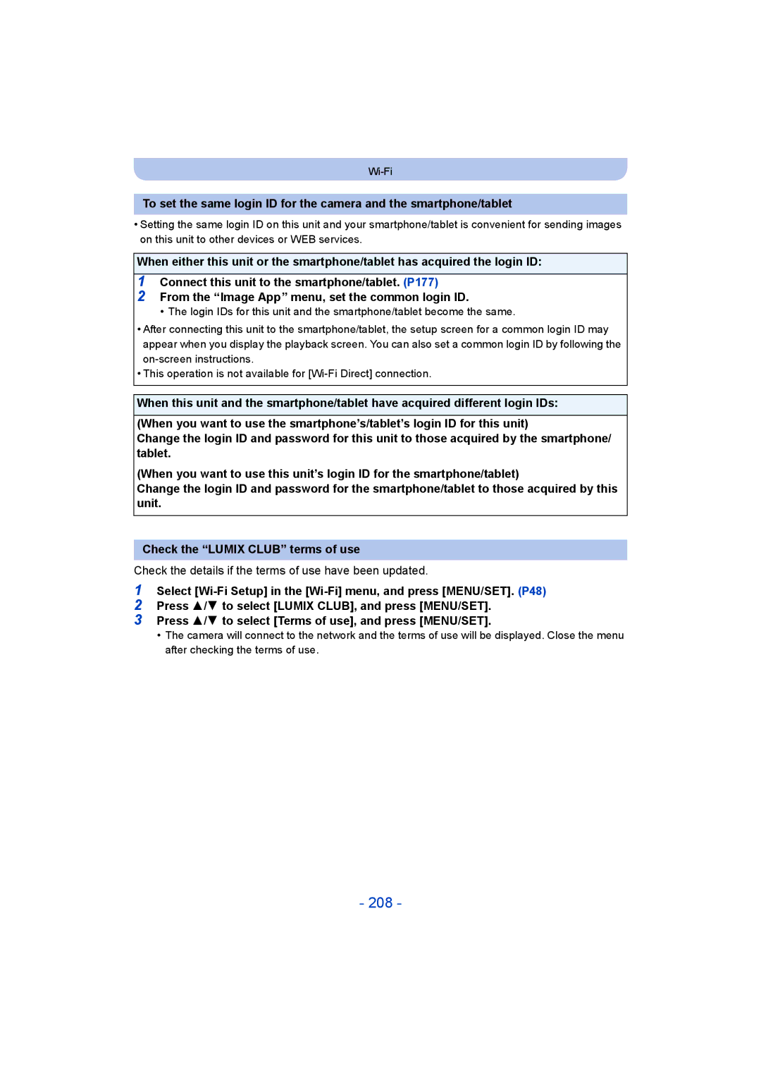 Panasonic DMC-FT5/DMC-TS5 operating instructions 208, Check the details if the terms of use have been updated 