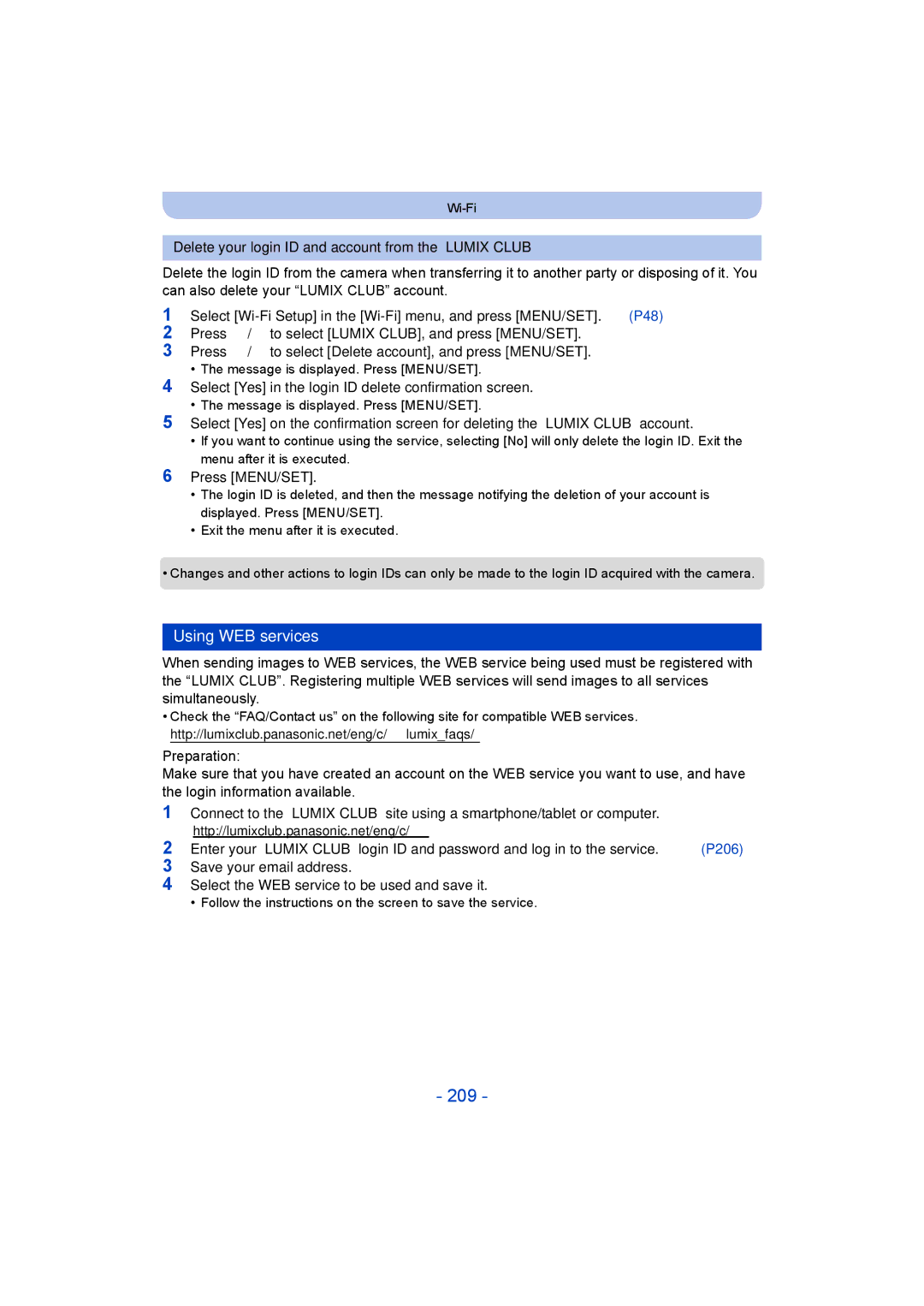 Panasonic DMC-FT5/DMC-TS5 209, Using WEB services, Delete your login ID and account from the Lumix Club 
