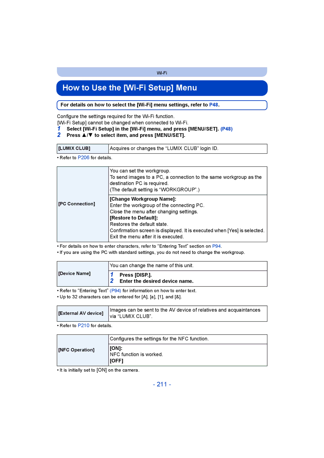 Panasonic DMC-FT5/DMC-TS5 operating instructions How to Use the Wi-Fi Setup Menu, 211 