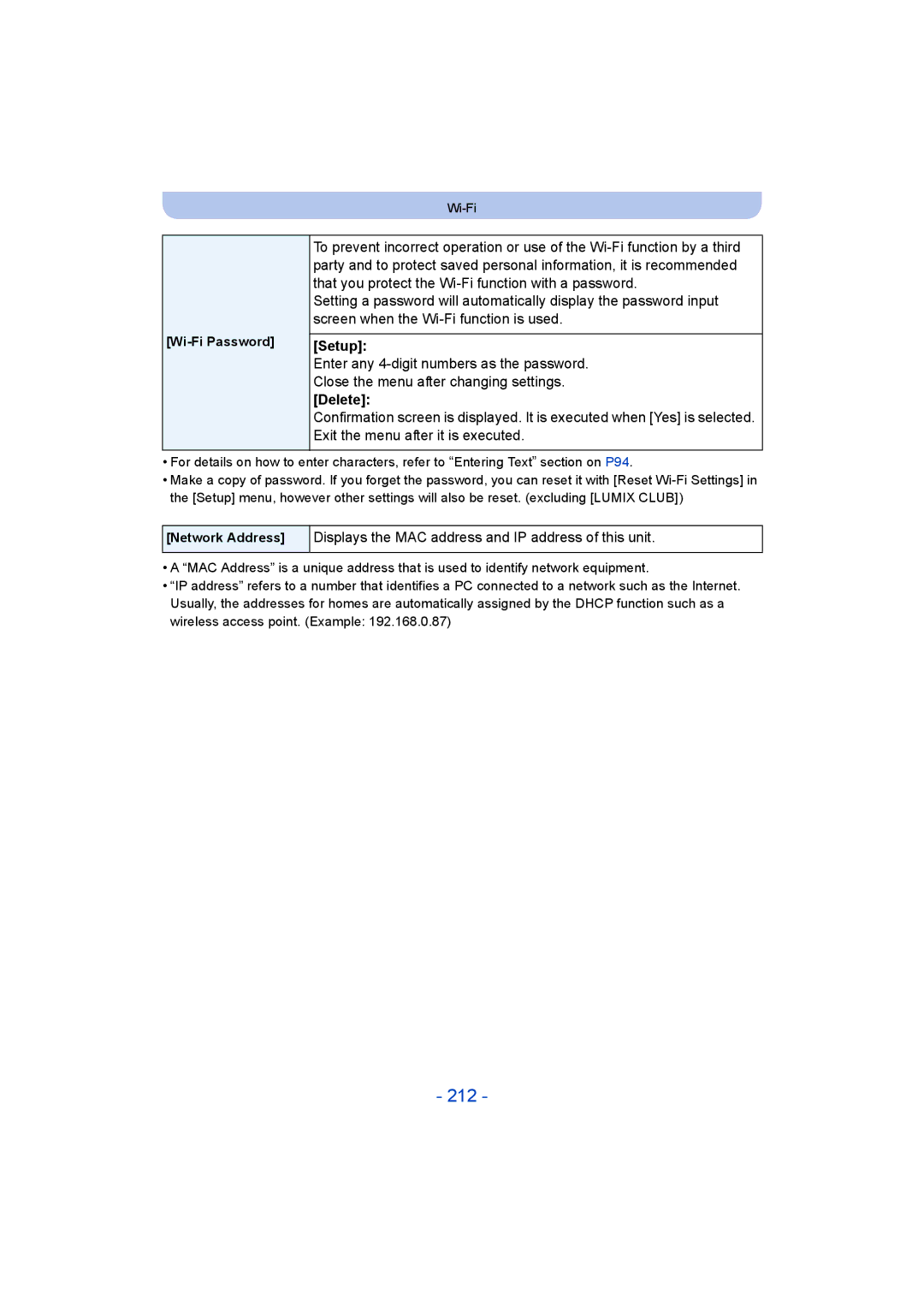 Panasonic DMC-FT5/DMC-TS5 operating instructions 212, Setup, Wi-Fi Password 