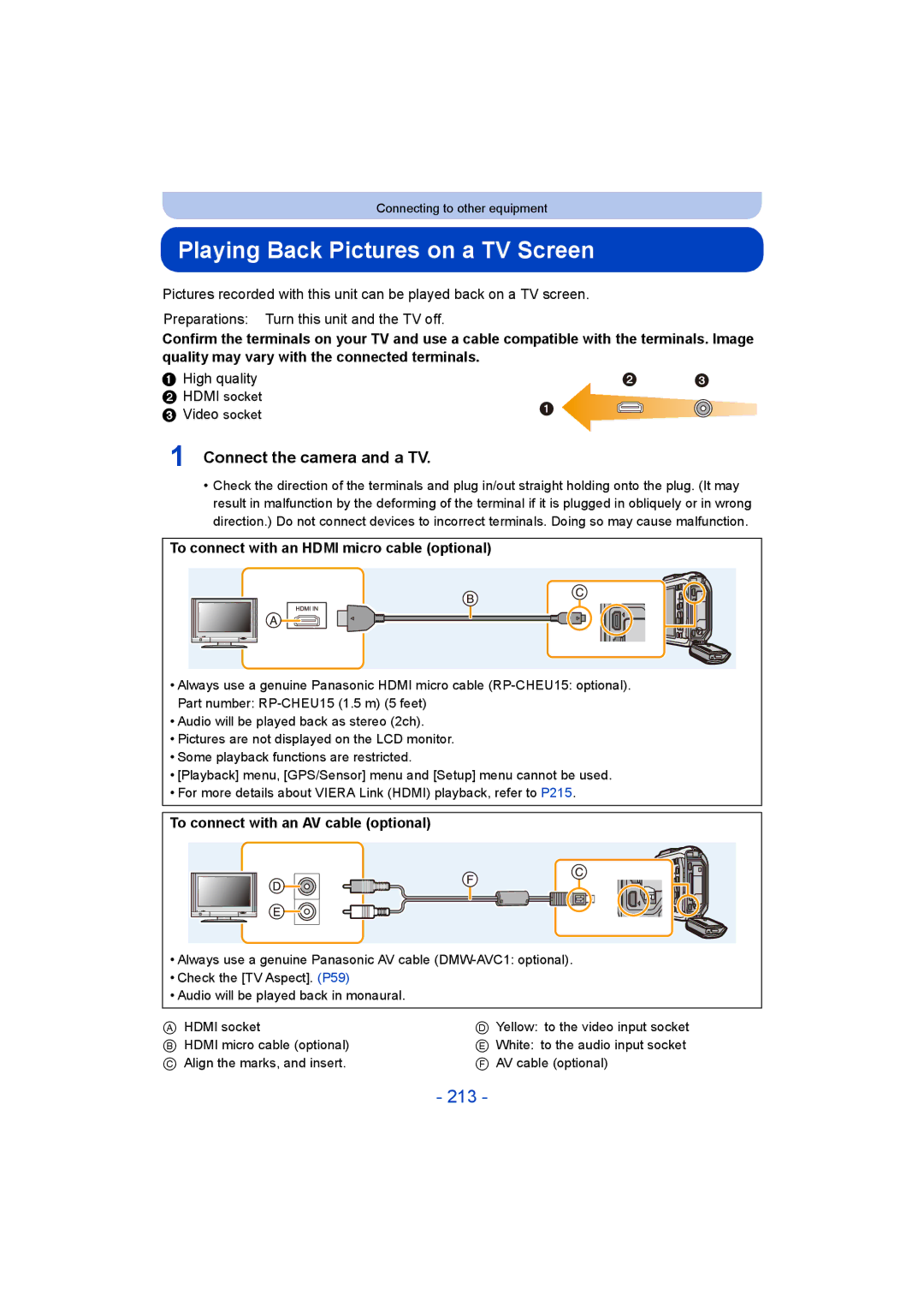 Panasonic DMC-FT5/DMC-TS5 operating instructions Playing Back Pictures on a TV Screen, 213, Connect the camera and a TV 