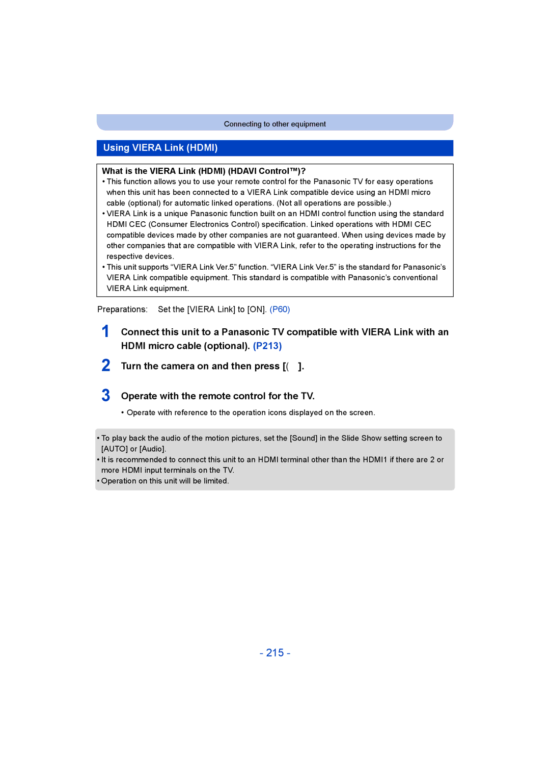 Panasonic DMC-FT5/DMC-TS5 operating instructions 215, Using Viera Link Hdmi, What is the Viera Link Hdmi Hdavi Control? 