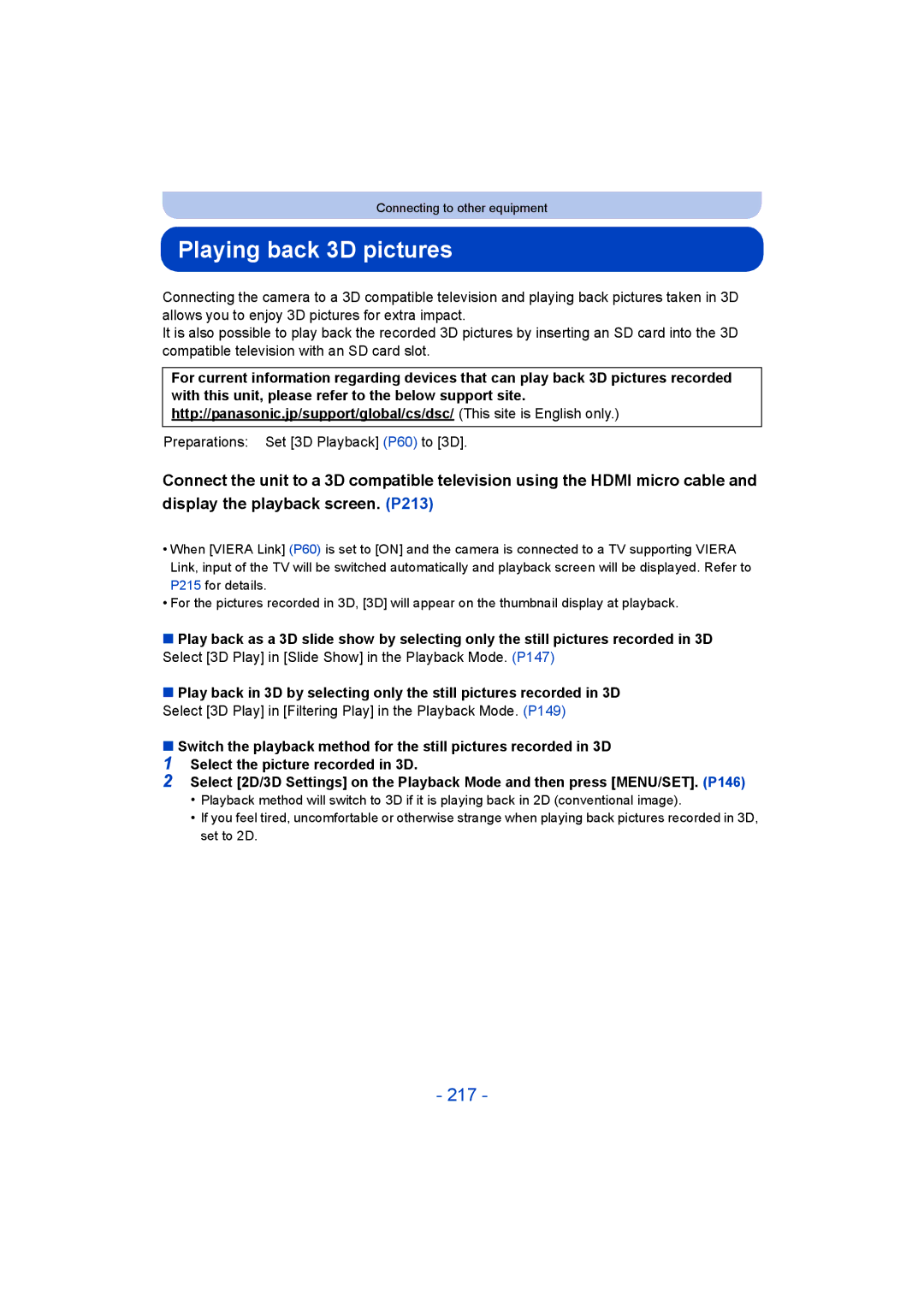 Panasonic DMC-FT5/DMC-TS5 operating instructions Playing back 3D pictures, 217, Preparations Set 3D Playback P60 to 3D 