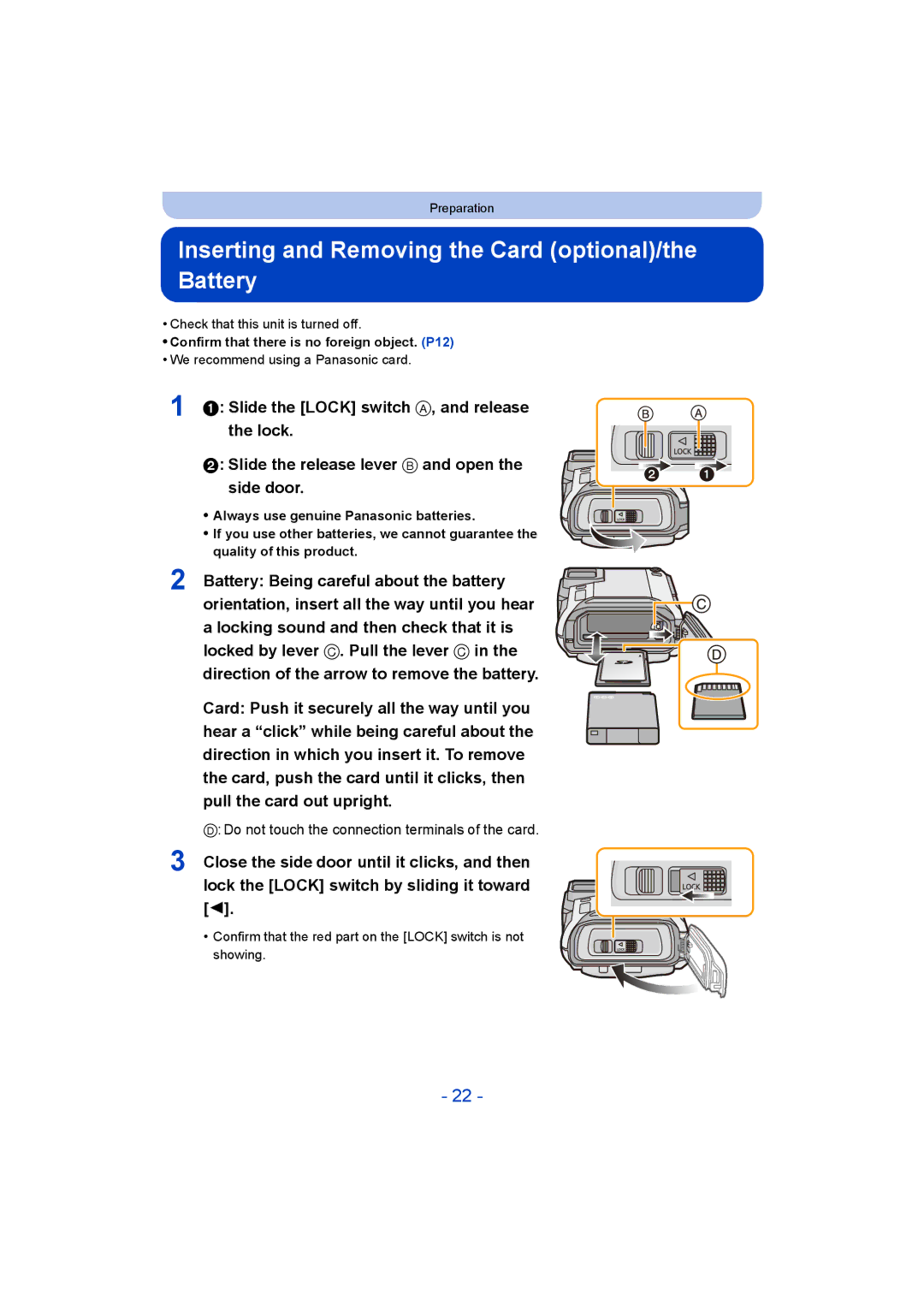 Panasonic DMC-FT5/DMC-TS5 operating instructions Inserting and Removing the Card optional/the Battery 