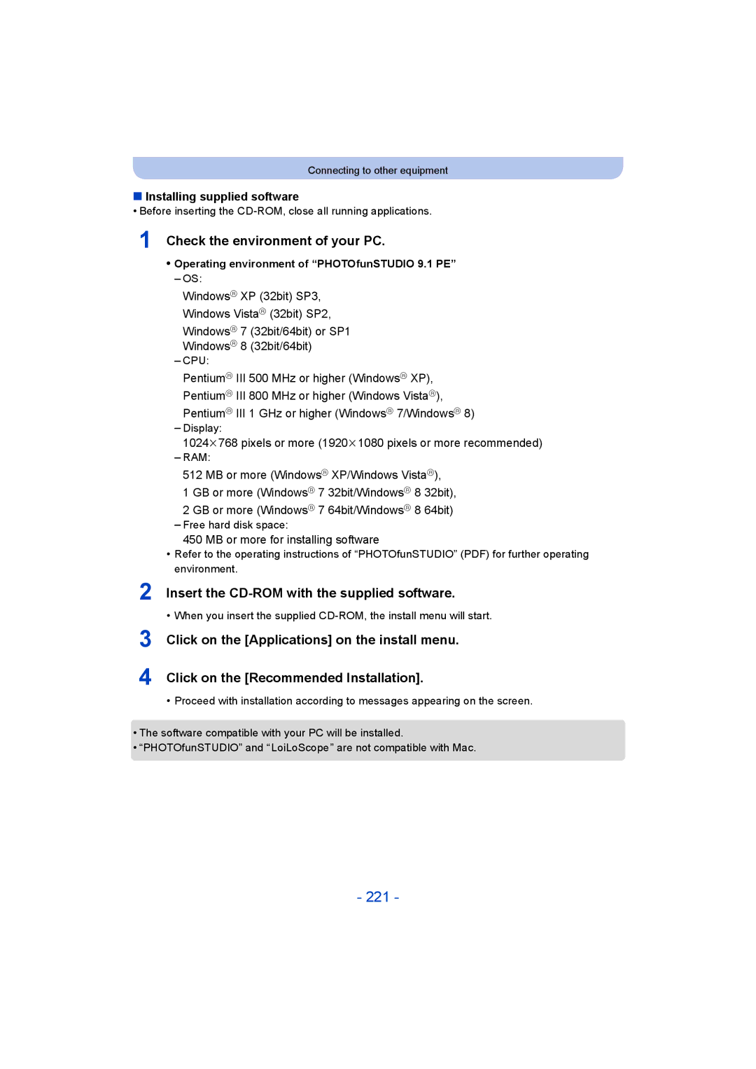 Panasonic DMC-FT5/DMC-TS5 221, Check the environment of your PC, Insert the CD-ROM with the supplied software 