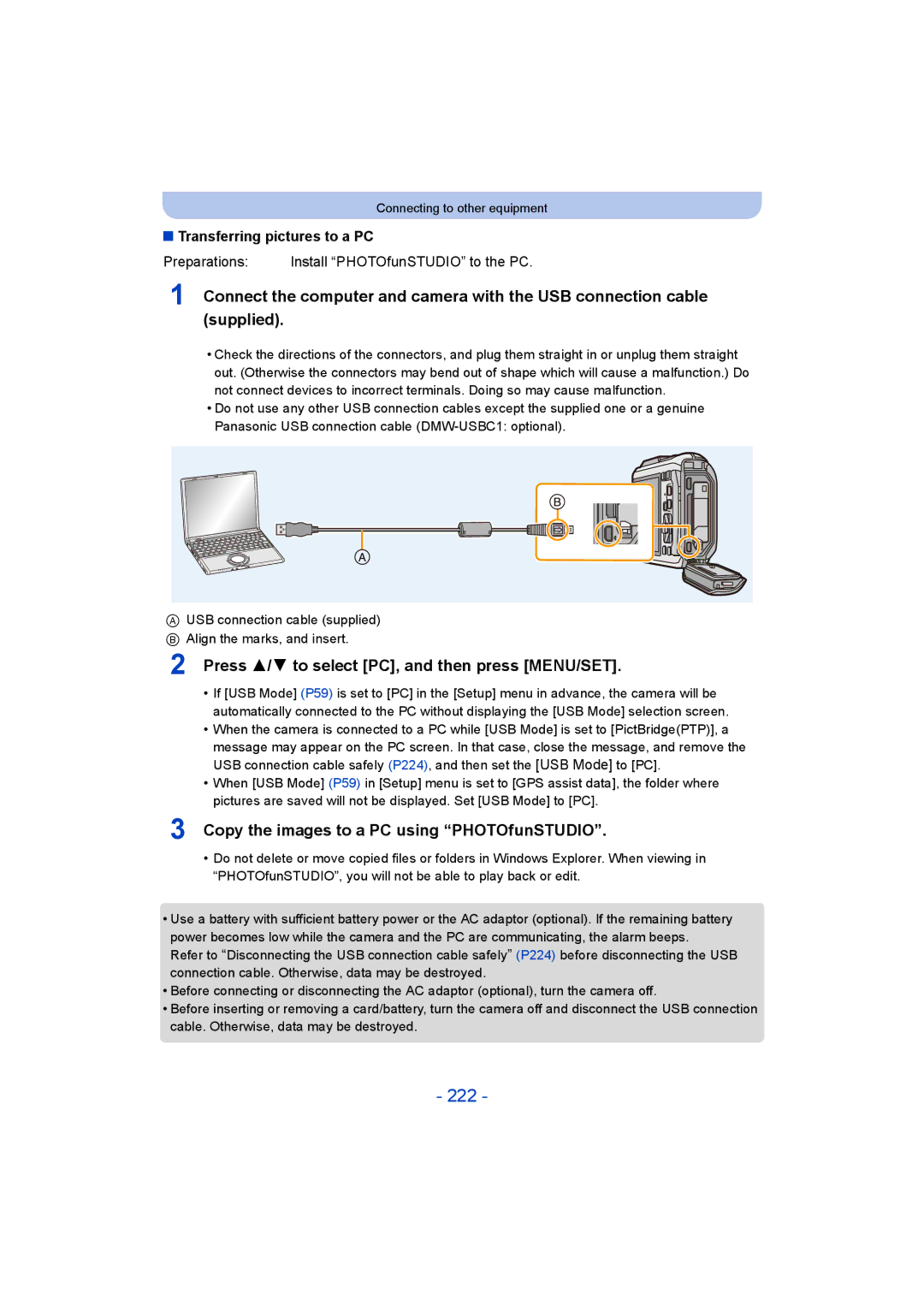 Panasonic DMC-FT5/DMC-TS5 222, Press 3/4 to select PC, and then press MENU/SET, Transferring pictures to a PC 