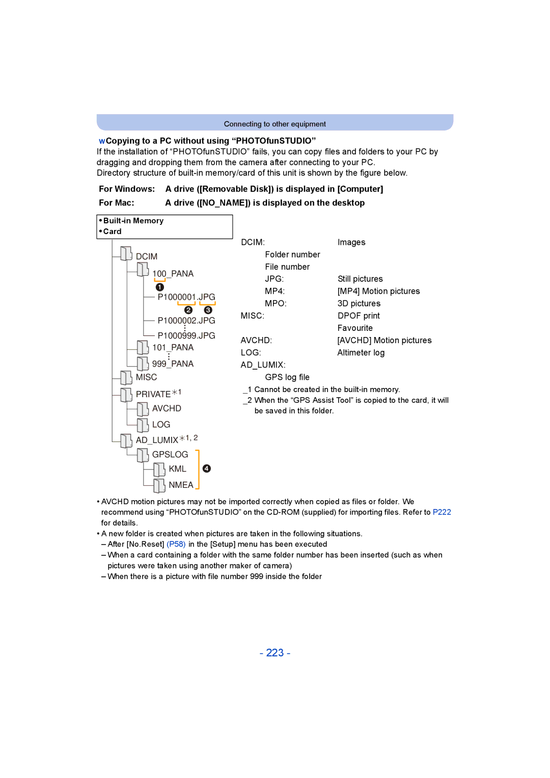 Panasonic DMC-FT5/DMC-TS5 operating instructions 223, Copying to a PC without using PHOTOfunSTUDIO, For Windows 