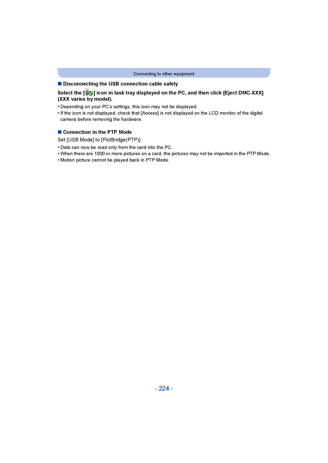 Panasonic DMC-FT5/DMC-TS5 operating instructions 224, Connection in the PTP Mode Set USB Mode to PictBridgePTP 