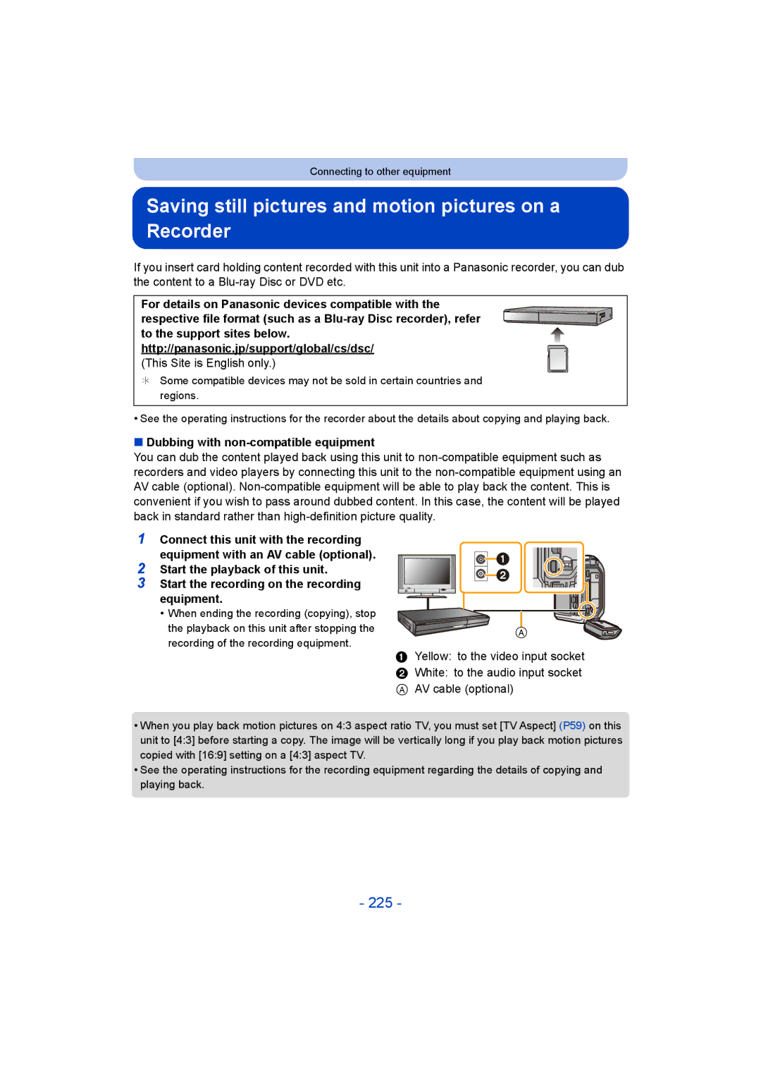 Panasonic DMC-FT5/DMC-TS5 Saving still pictures and motion pictures on a Recorder, 225, This Site is English only 