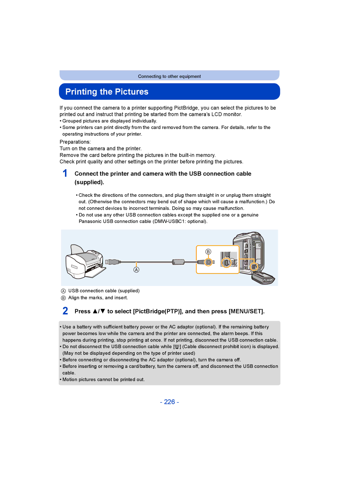 Panasonic DMC-FT5/DMC-TS5 Printing the Pictures, 226, Press 3/4 to select PictBridgePTP, and then press MENU/SET 