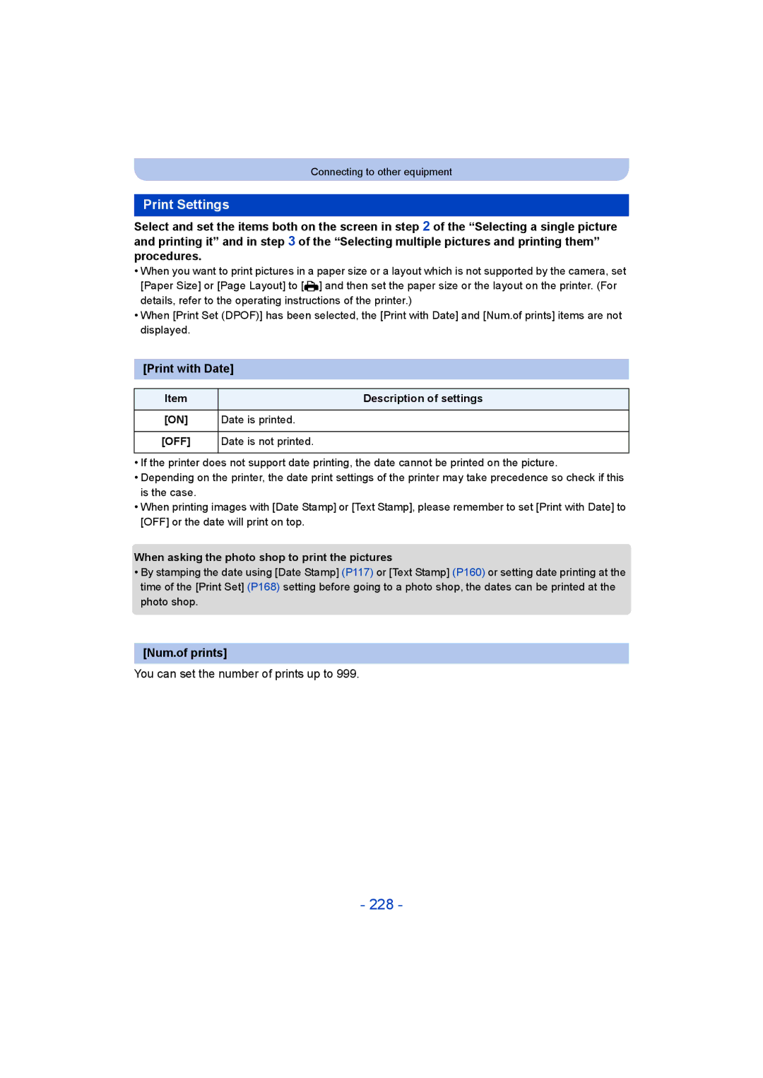 Panasonic DMC-FT5/DMC-TS5 228, Print Settings, Print with Date, Num.of prints, You can set the number of prints up to 