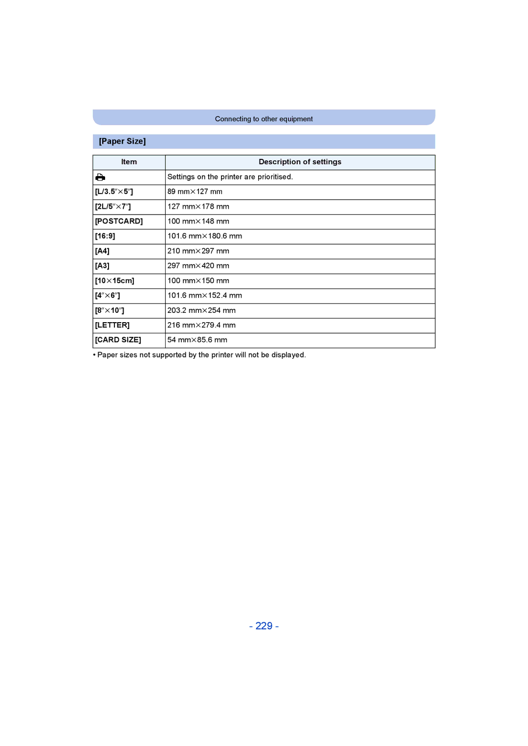 Panasonic DMC-FT5/DMC-TS5 operating instructions 229, Paper Size 