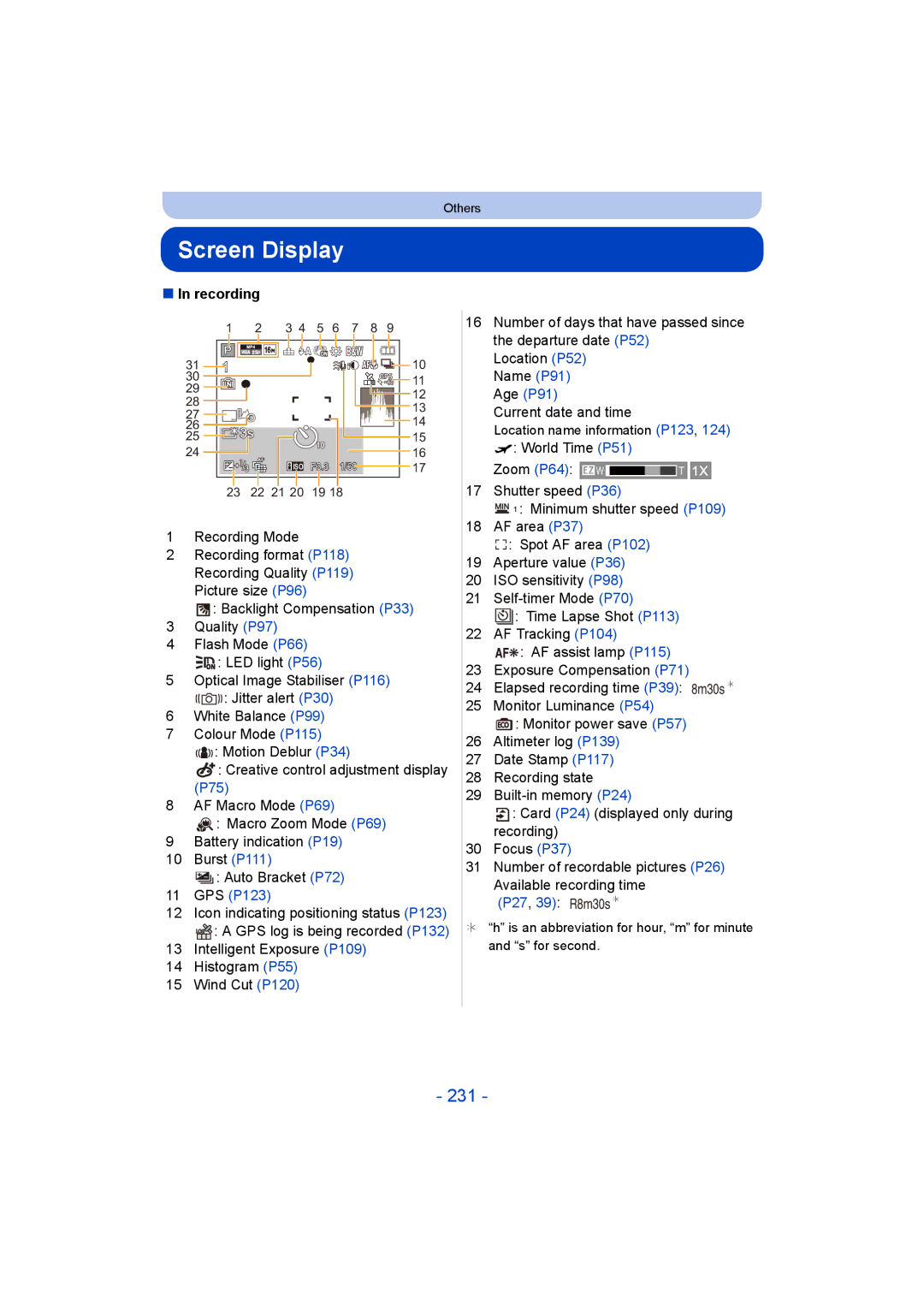 Panasonic DMC-FT5/DMC-TS5 operating instructions Screen Display, 231, Recording 